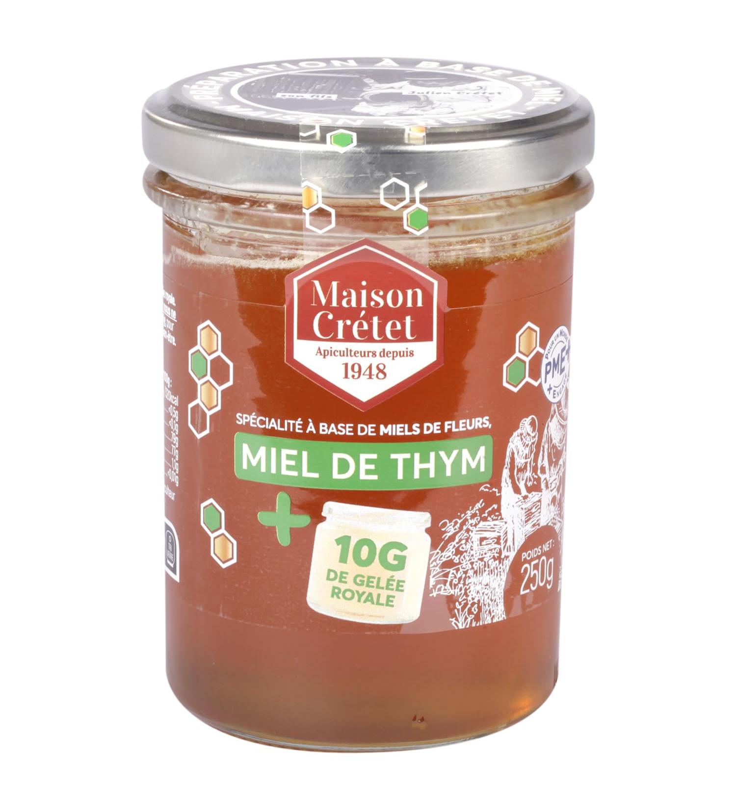 House Crétet | Thyme honey and royal jelly | 5 g royal jelly in this jar | glass jar | made in Charente-Maritime | preparation in 250g jar
