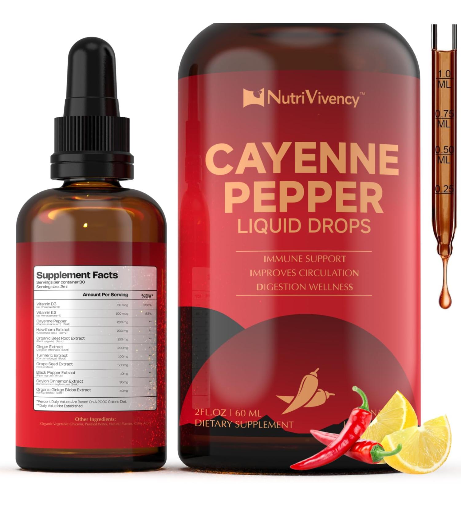Cayenne Pepper Liquid Drops Cayenne Pepper Supplements with Hawthorn Berry Beet Root Powder Turmeric Vitamin K2 D3 Ceylon Cinnamon Black Pepper Organic Ginkgo Biloba 2 Fl Oz - Buy Online on GoSupps.com