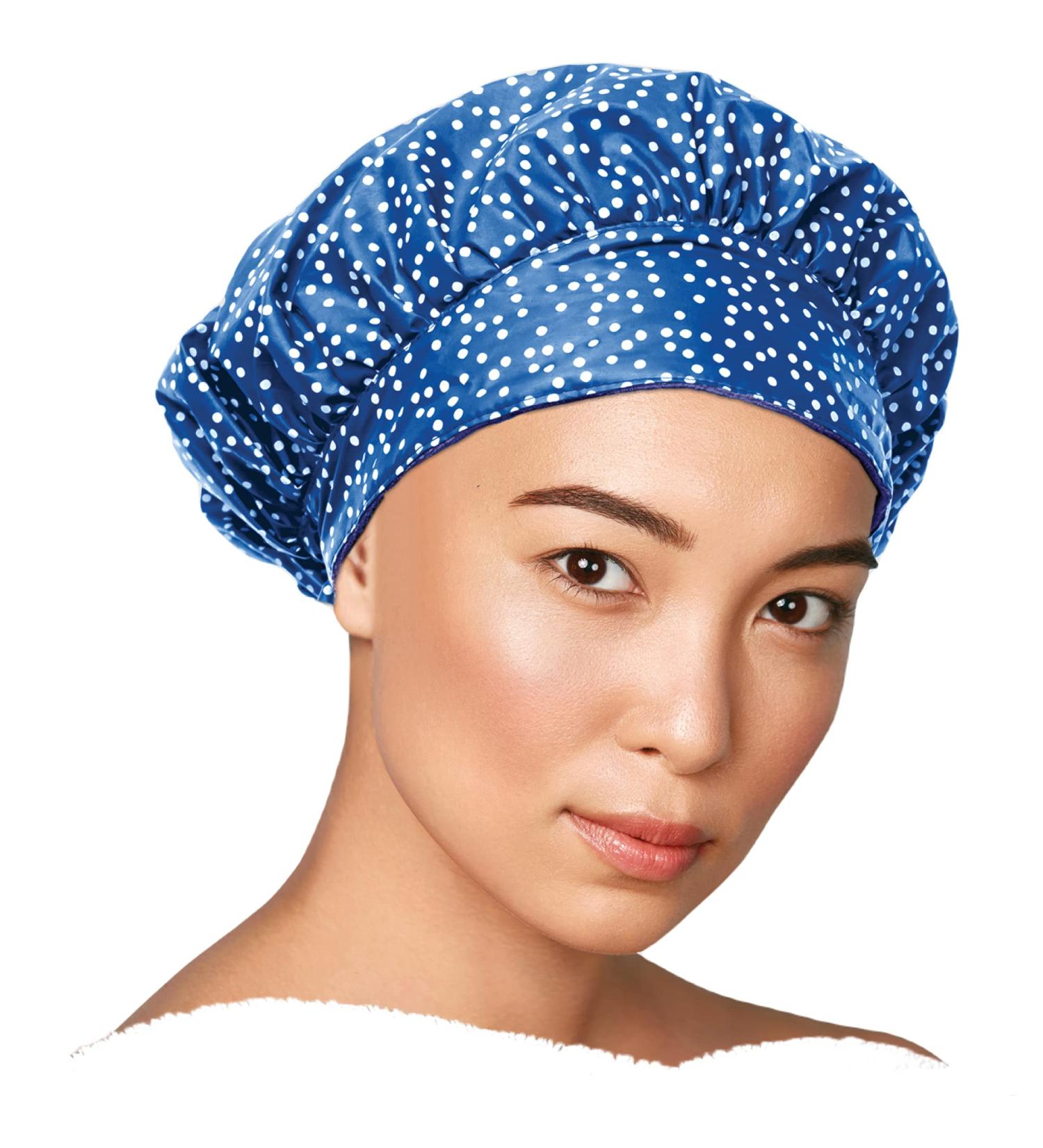 TIARA Luxury Shower Cap for Women | Terry Lined | Leak-Free & Waterproof | Large & Reusable | Dots Blue | Ideal for all Hair Lengths | Sustainable & Deep Conditioning Cap - Buy Online on GoSupps.com