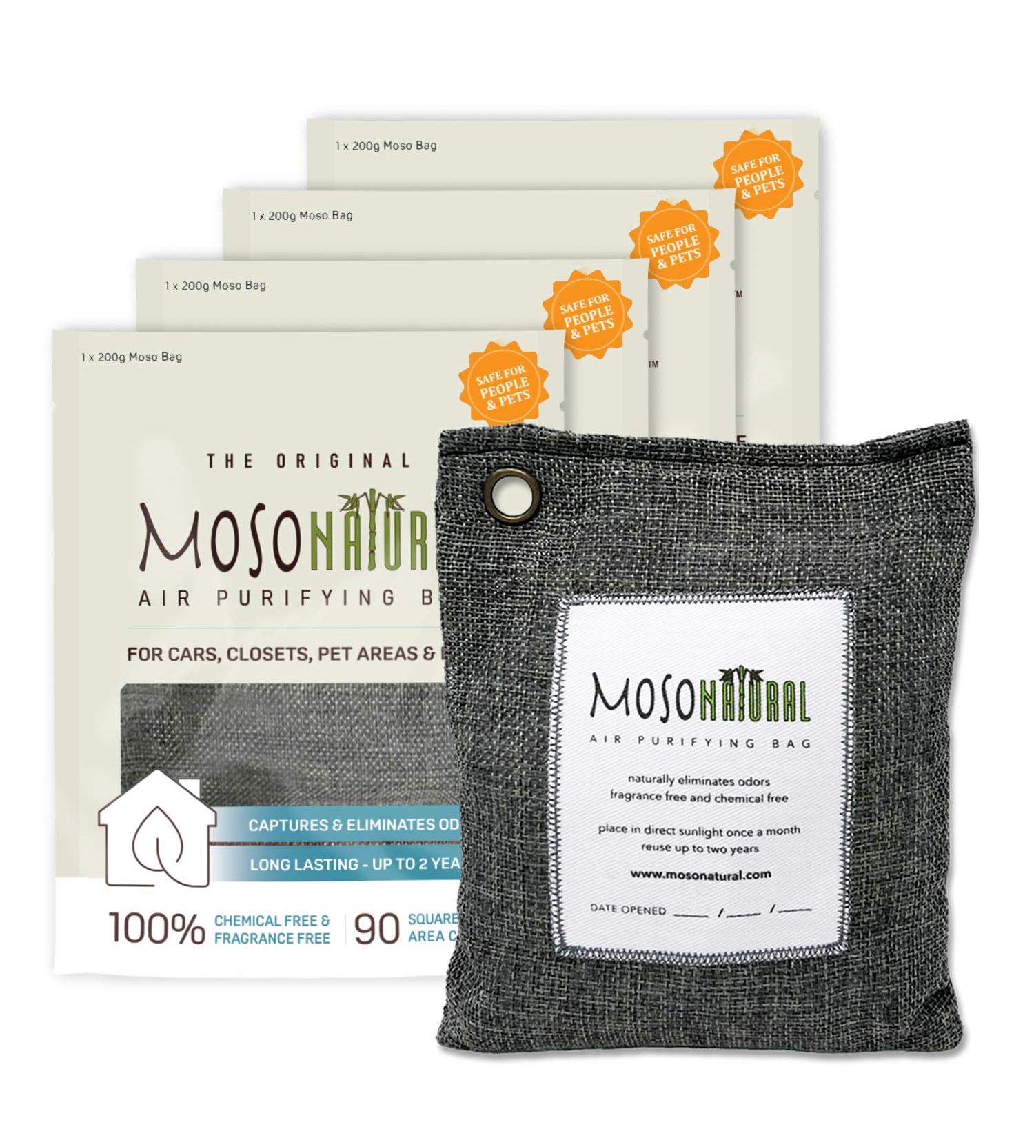 Moso Natural Air Purifying Bag 200g (4 Pack) - Scent Free Odor Eliminator for Cars, Closets, Bathrooms, Pet Areas - Bamboo Charcoal Absorber (Charcoal Grey) - Buy Online on GoSupps.com