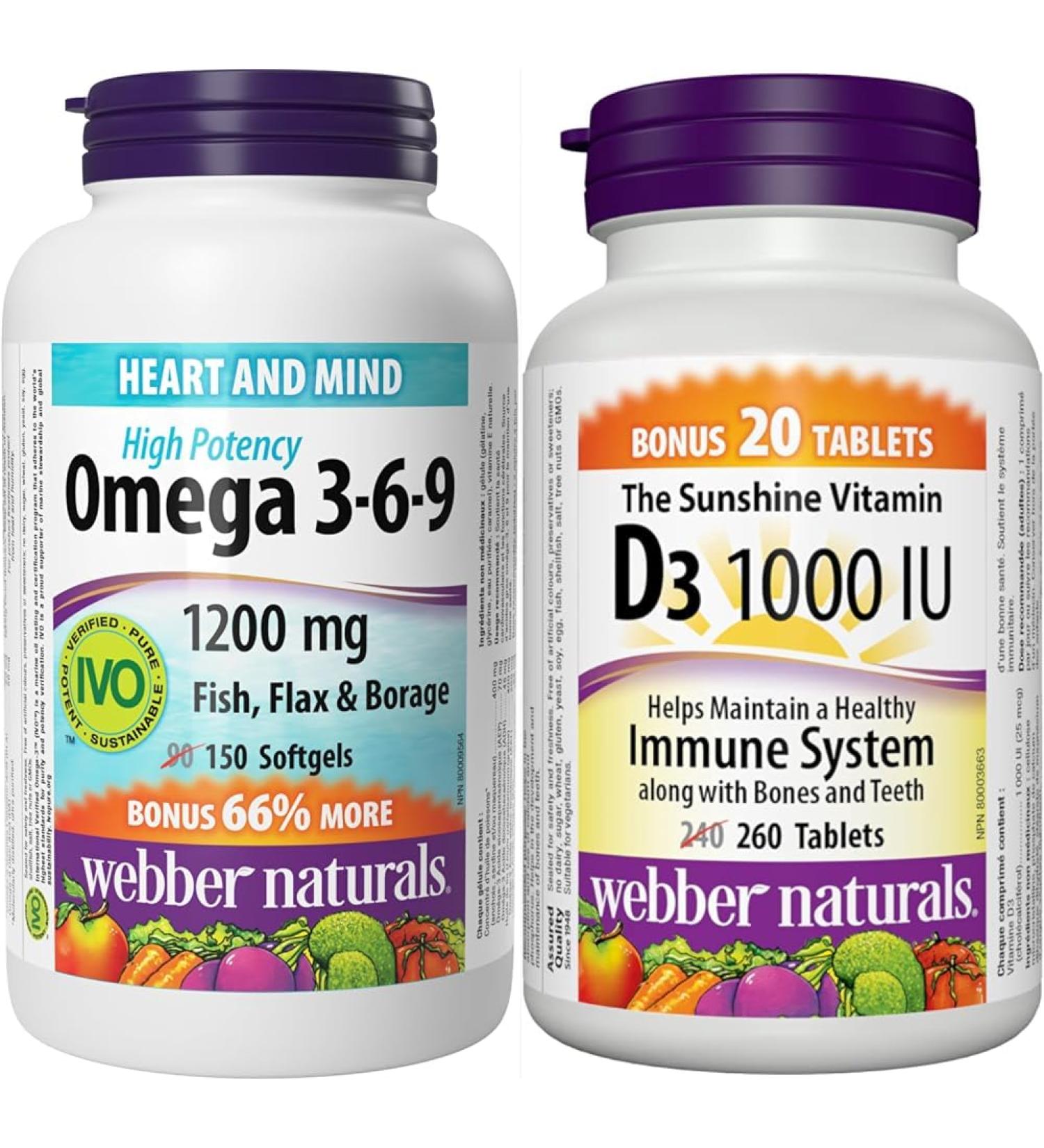 Webber Naturals Omega 3-6-9 Fish Oil 1 200 mg + Vitamin D3 1000 IU Bundle Omega 3-6-9 + Vitamin D3 1000 IU - Buy Online on GoSupps.com