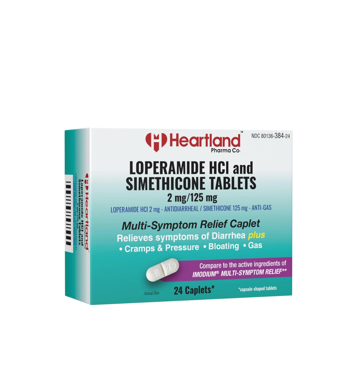 Heartland Pharma Multi-Symptom Loperamide Hydrochloride 2mg & Simethicone 125mg Caplet Anti-Diarrhea & Anti-Gas Blister Pack (24 Count) Multi-Symptom 24 Count (Pack of 1)
