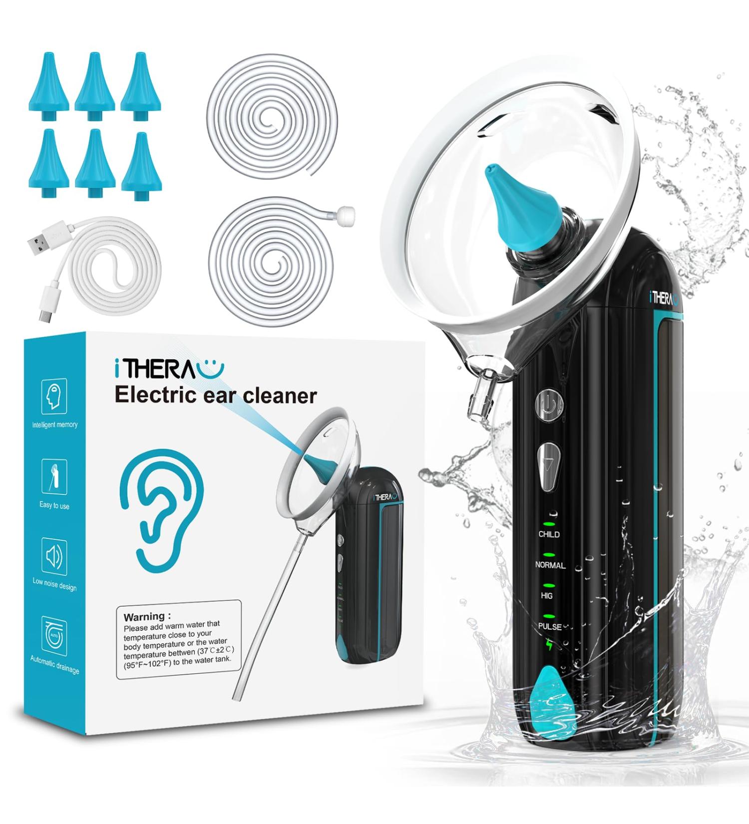 Wash Ear Cleaner - Electric Ear Cleaning Kit with 4 Pressure Modes Safe & Effective Ear Irrigation Flushing Kit 6 Nozzles - Blue & Black for International Shipping - Buy Online on GoSupps.com