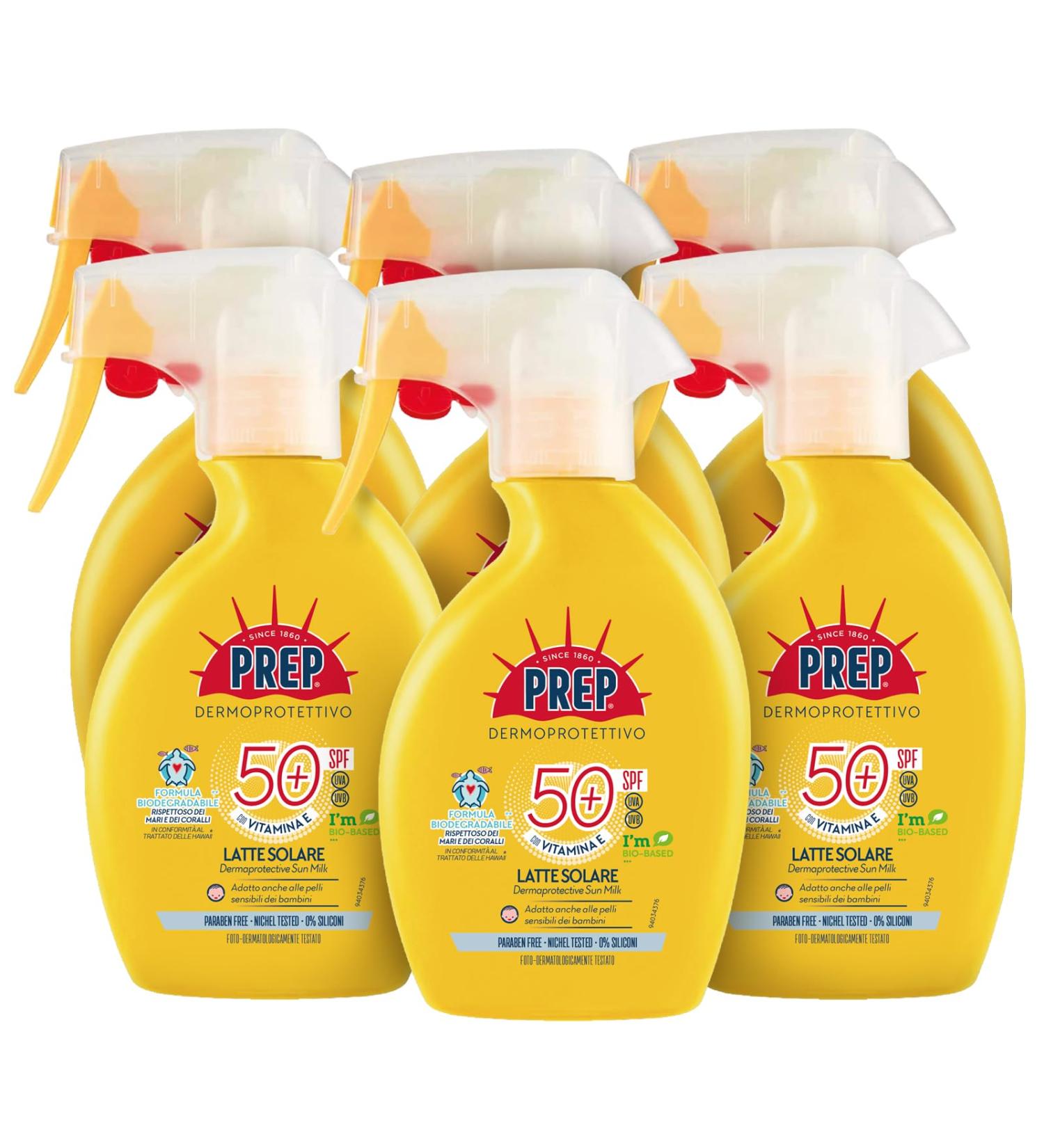 PREP Prep SPF50+ Sunscreen Trigger Sunscreen 50SPF with Vitamin E and Glycerin Sun Protection UVA and UVB Rays Size 6 x 200ml Boxes