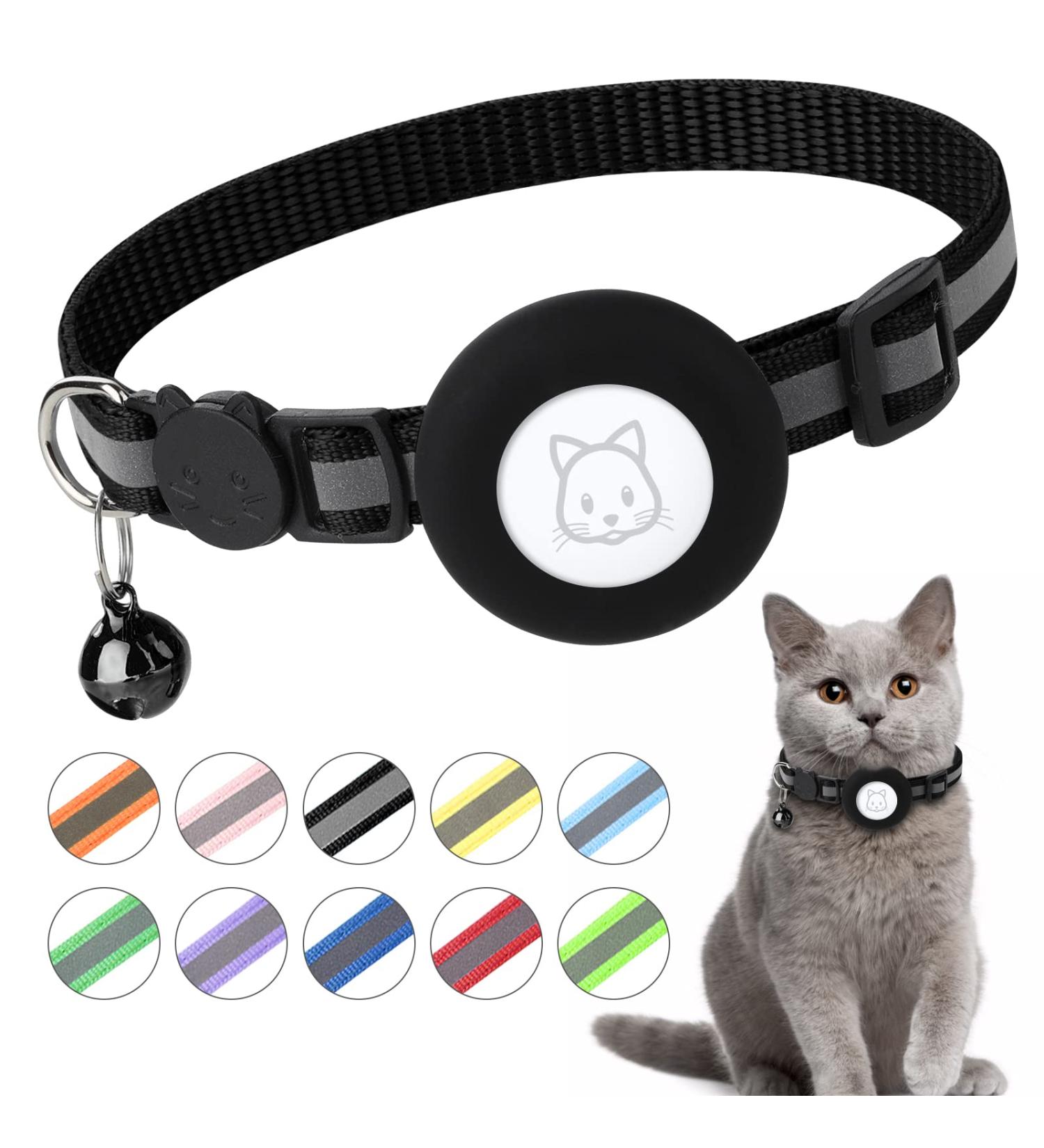Reflective Cat Collar with Apple Airtag Holder and Bell | Waterproof & Safety Buckle | 3/8 Width | Black - Buy Online on GoSupps.com