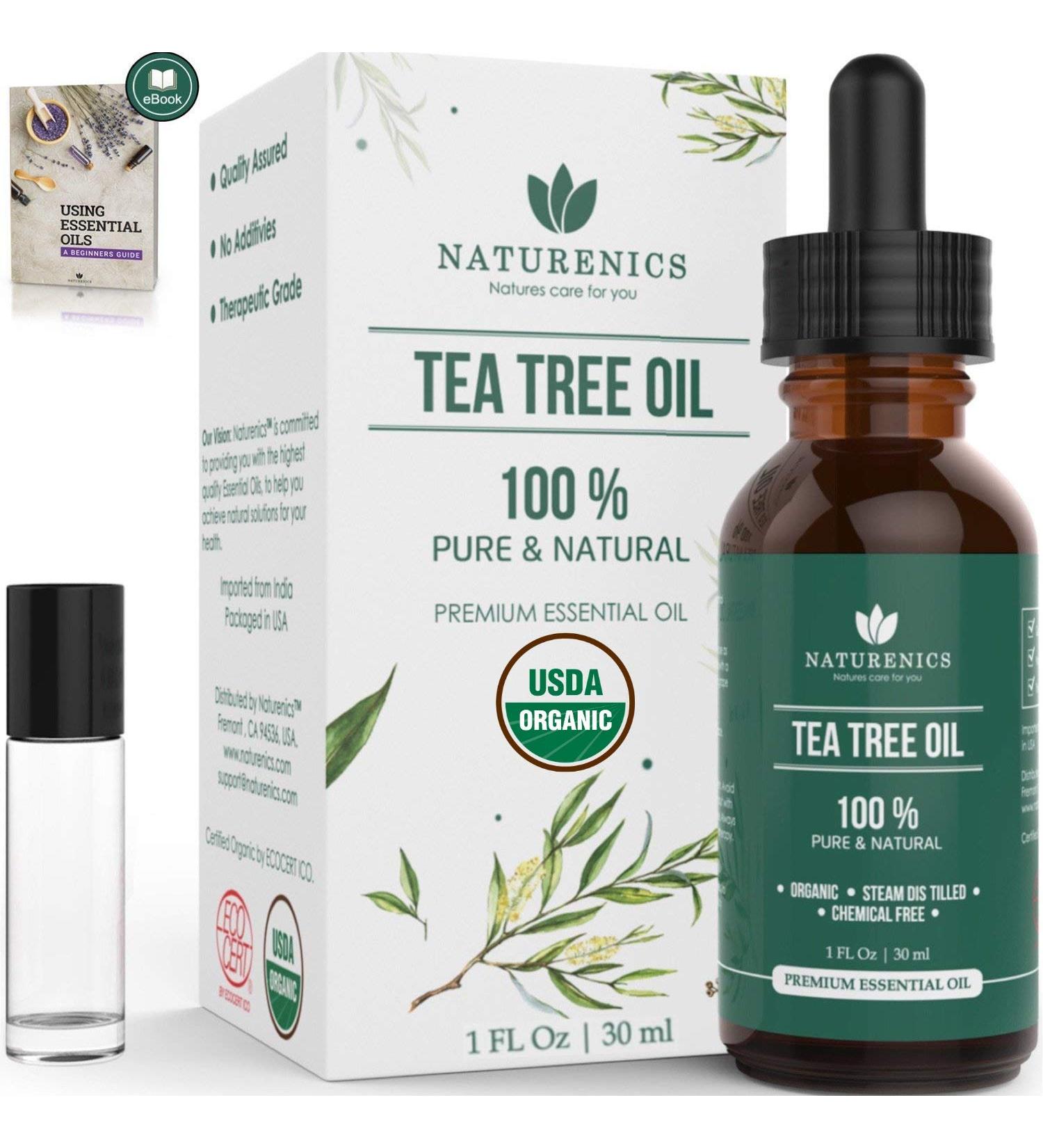 Naturenics Tea Tree Essential Oil - 100% USDA Organic Melaleuca Alternifolia - Therapeutic Grade for Acne, Toenail, Lice, Hair, Face & Skin Issues - 1 Fl Oz - Buy Online on GoSupps.com