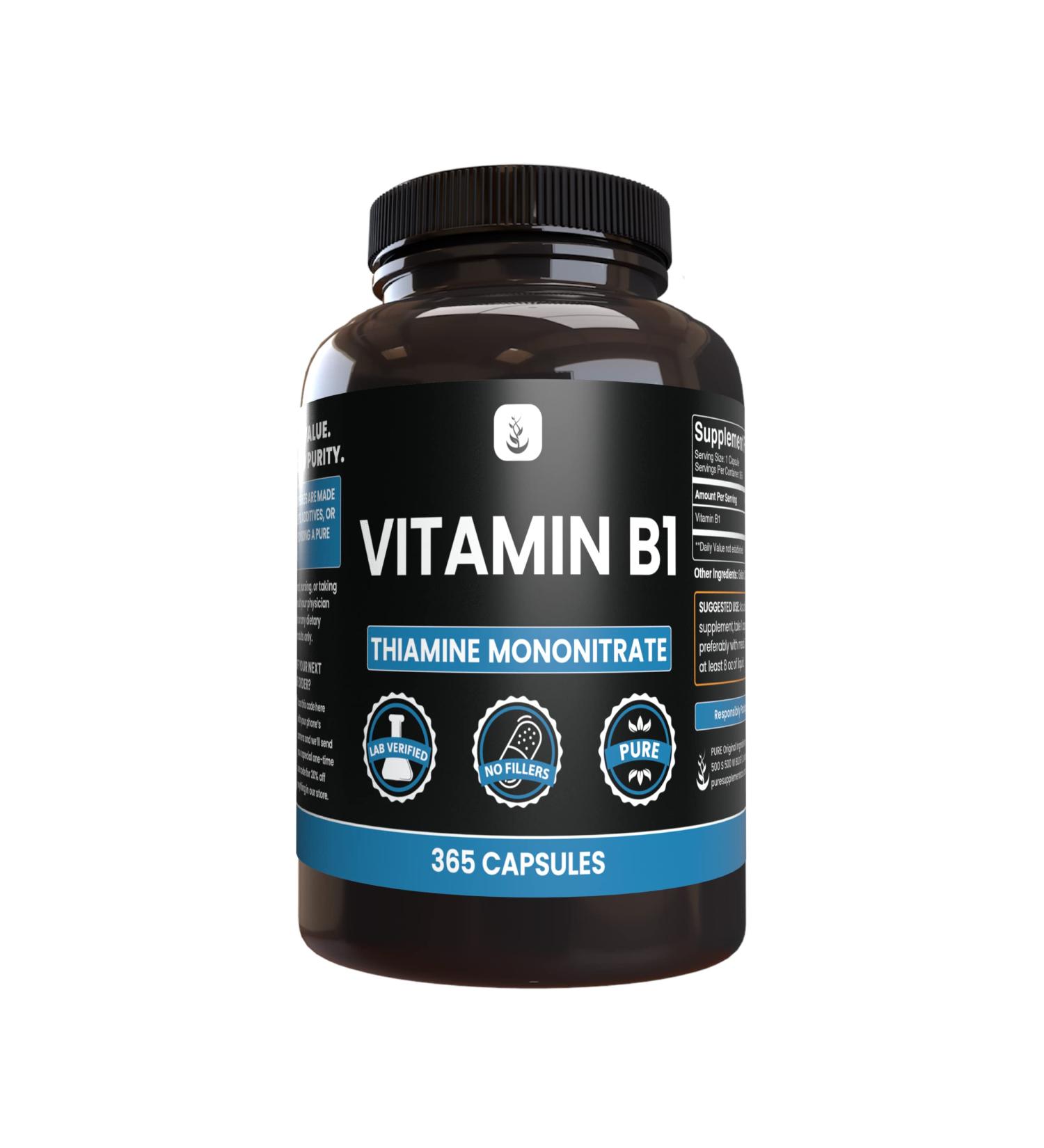 365 Capsules of Pure Vitamin B1 (Thiamine Mononitrate) - No Fillers, Lab Verified - 365 Count - Buy Online on GoSupps.com
