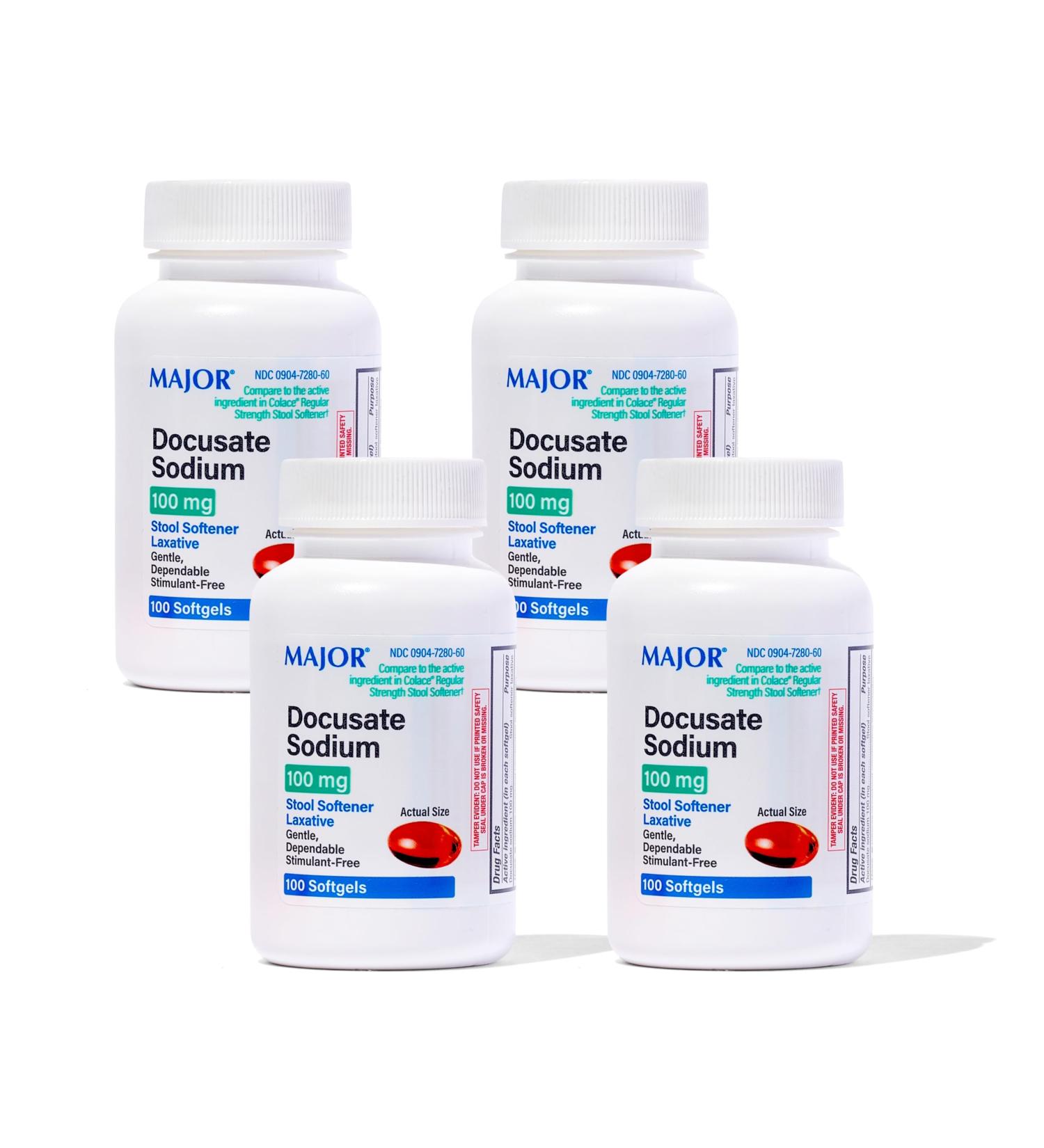 Major Docusate Sodium 100 mg - Stool Softener Laxative Softgels for Constipation Relief - Stool Softeners for Women and Men - Gluten-Free - 100 Softgels (4 Pack) - Buy Online on GoSupps.com