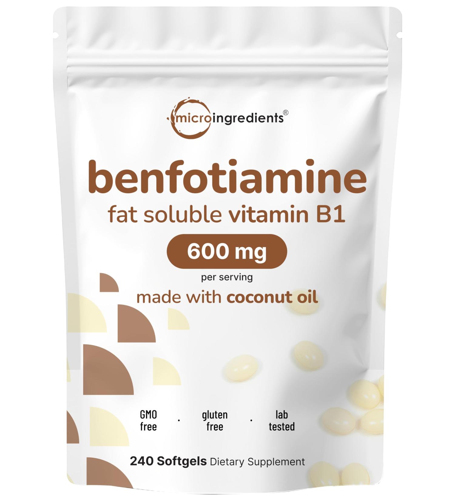 Micro Ingredients Vitamin B1 Benfotiamine 600mg Per Serving, 240 Coconut Oil Softgels | Bioavailable B Vitamins Supplement, Converted to Active Thiamine | Non-GMO, Soy Free 240 Count (Pack of 1) - Buy Online on GoSupps.com