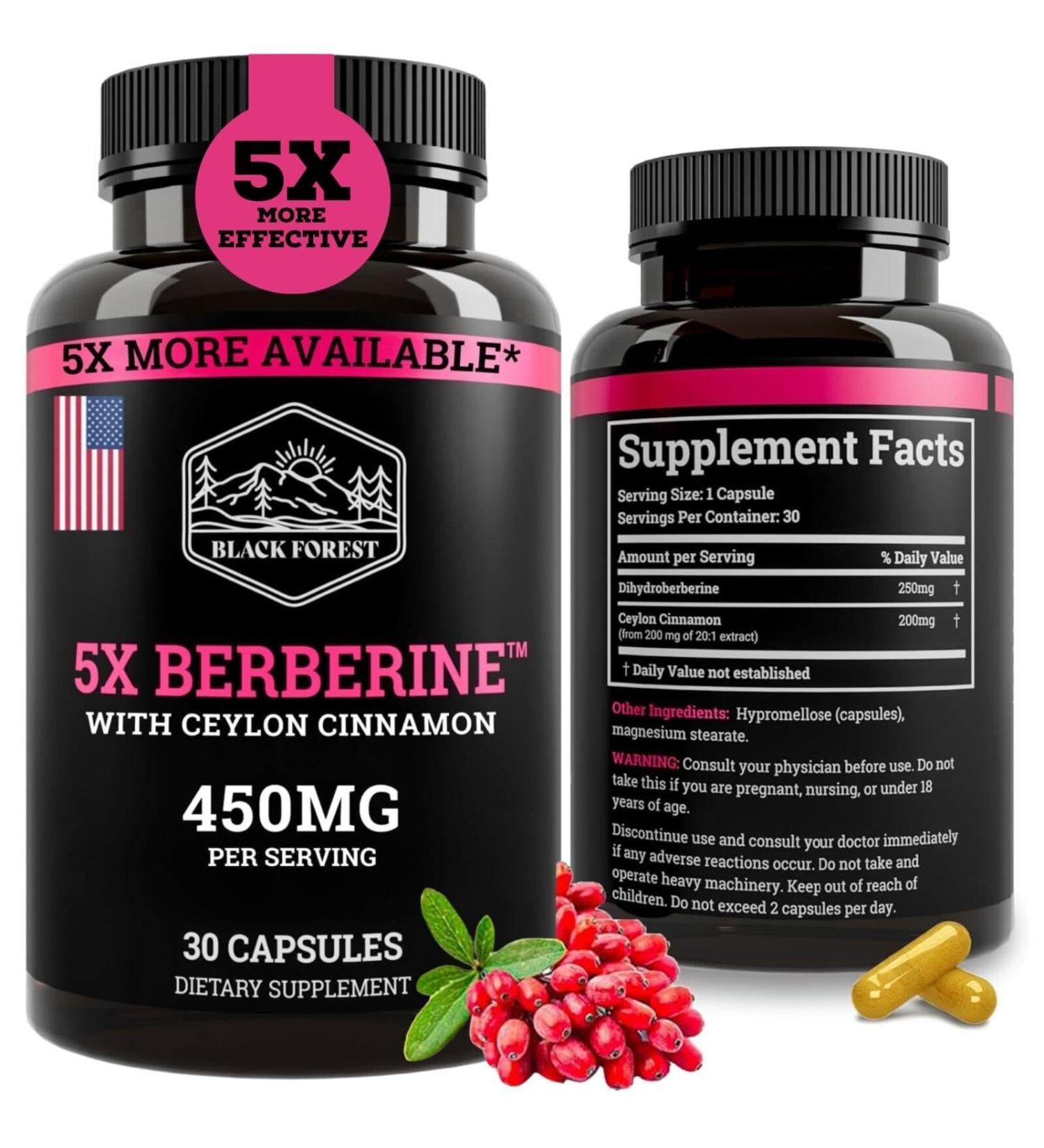 Black Forest 5X Berberine a Dihydroberberine Supplement (Super Berberine Now 5X More Effective Than Regular Berberine HCL) Best Dihydroberberine with Ceylon Cinnamon - Similar to Berberine Phytosome - Buy Online on GoSupps.com