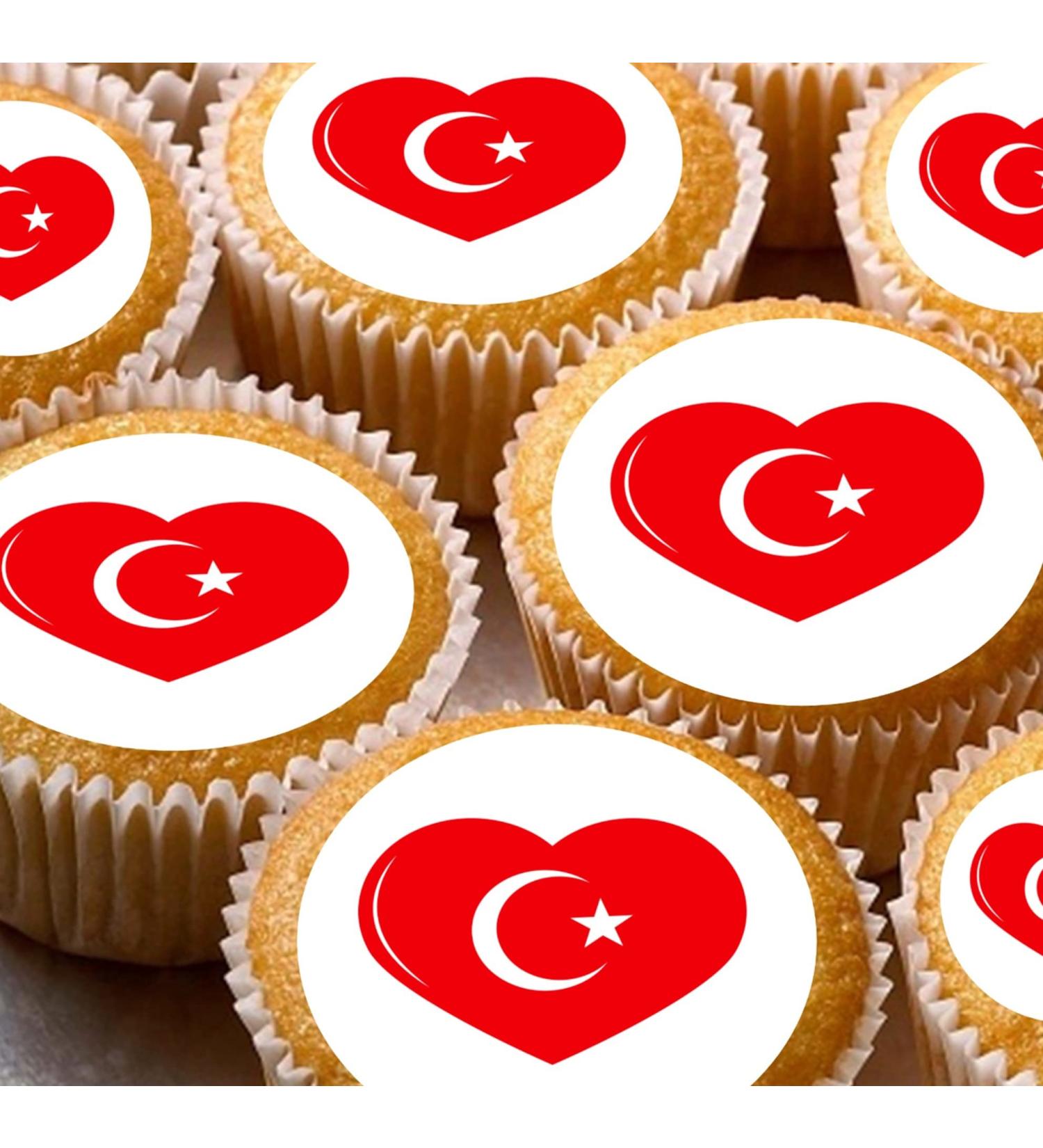 Turkish Turkey Flag hearts style 24 pre-cut edible party decorations Wafer Paper Cupcake Topper Cake - Buy Online on GoSupps.com