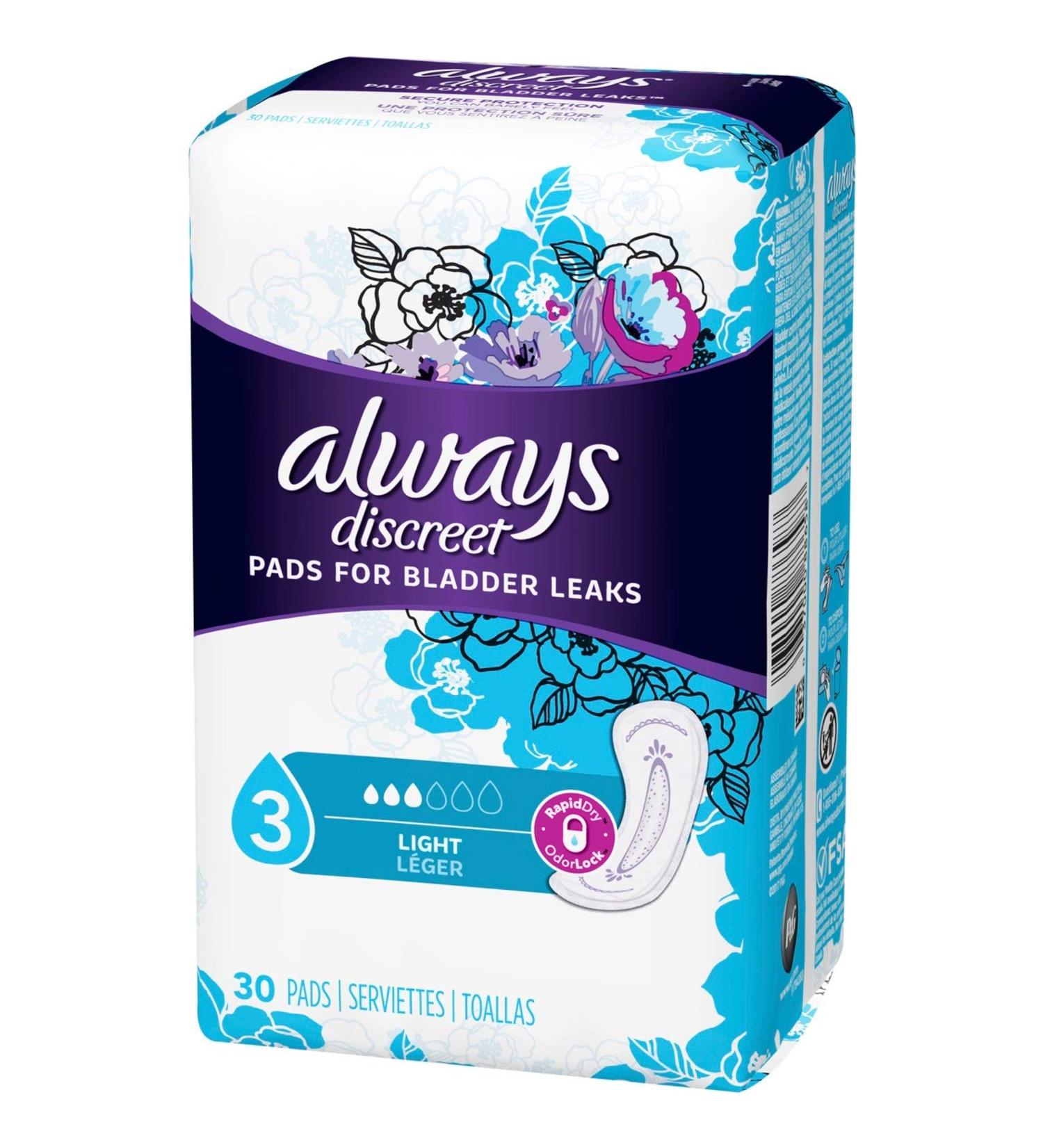 Always Discreet Incontinence Light Pads 3 Drops - 4 Value Packs of 30 Pads (120 Pads Total) - Buy Online on GoSupps.com