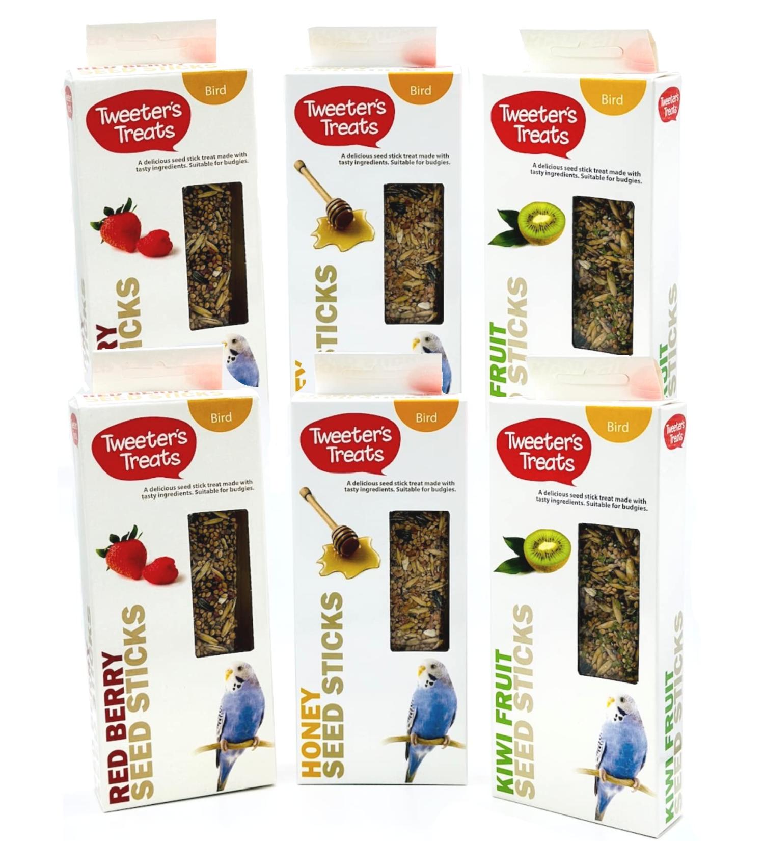 6 PACK MIXED VARIETY TWEETERS BUDGIE HANGING BIRD SEED TREAT STICKS 2PCS 100G 3 FLAVOURS - Buy Online on GoSupps.com