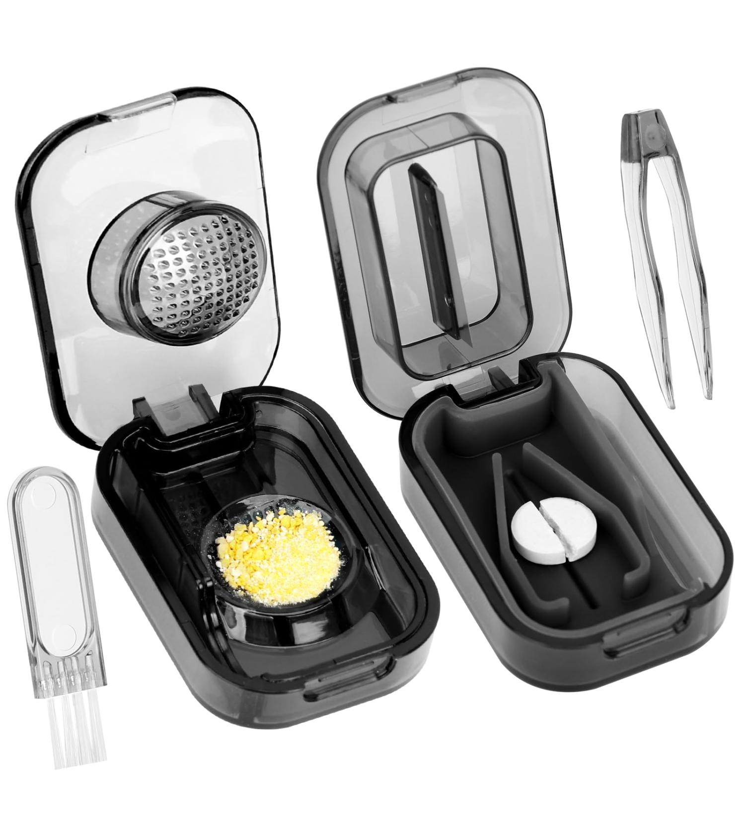 NatureTouch 2PCS Pill Cutter & Grinder - Crush Pills Vitamins & Tablets with Stainless Steel Blade & Brush - Black - Buy Online on GoSupps.com