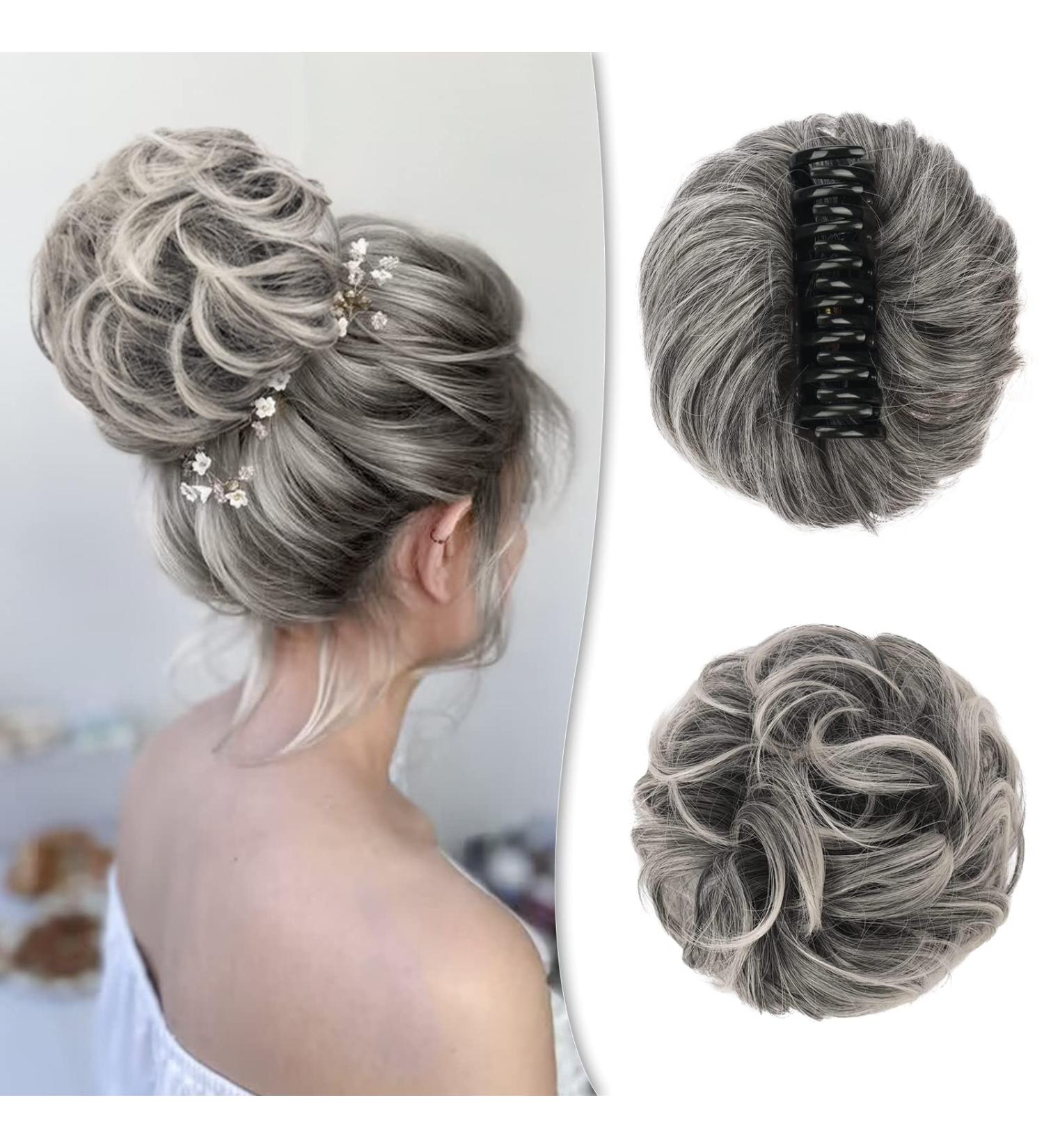 BARSDAR Claw Clip Messy Bun Hairpiece - Grey Mix White Synthetic Hair Scrunchie for Women - Buy Online on GoSupps.com
