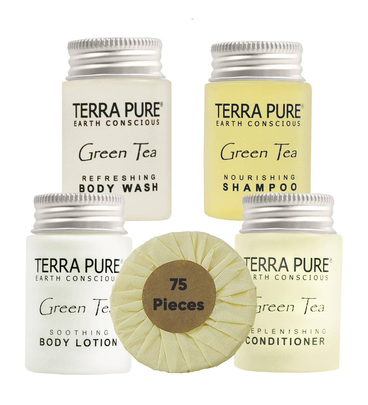 Hotel Amenities Bulk Set - Terra Pure Soaps & Toiletries | 1oz Shampoo, Conditioner, Body Wash, Lotion & 1.25oz Bar Soap | 75 Pieces - Perfect for Hotels - Buy Online on GoSupps.com