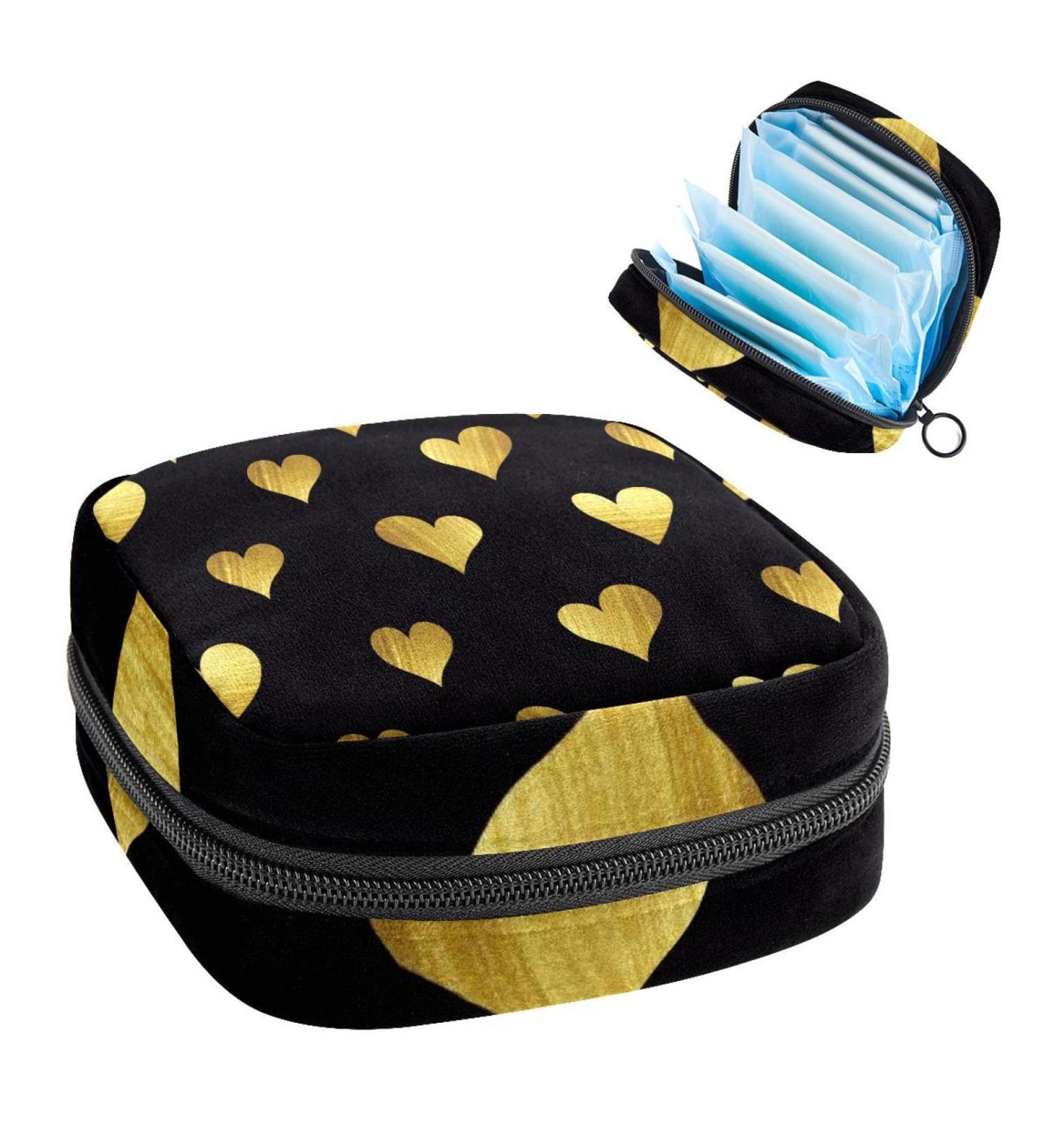 Golden Hearts Love Pattern Black Sanitary Napkin & Menstrual Cup Storage Bag - Portable Period Pocket for Women & Teen Girls - Buy Online on GoSupps.com