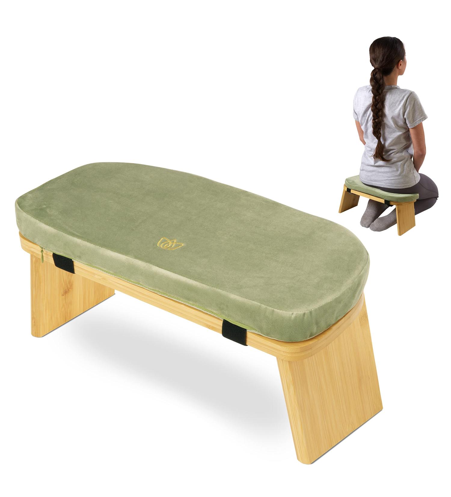 Florensi Bamboo Meditation Bench with Cushion - Foldable & Ergonomic Stool for Comfortable Meditation - Sage Green - Buy Online on GoSupps.com