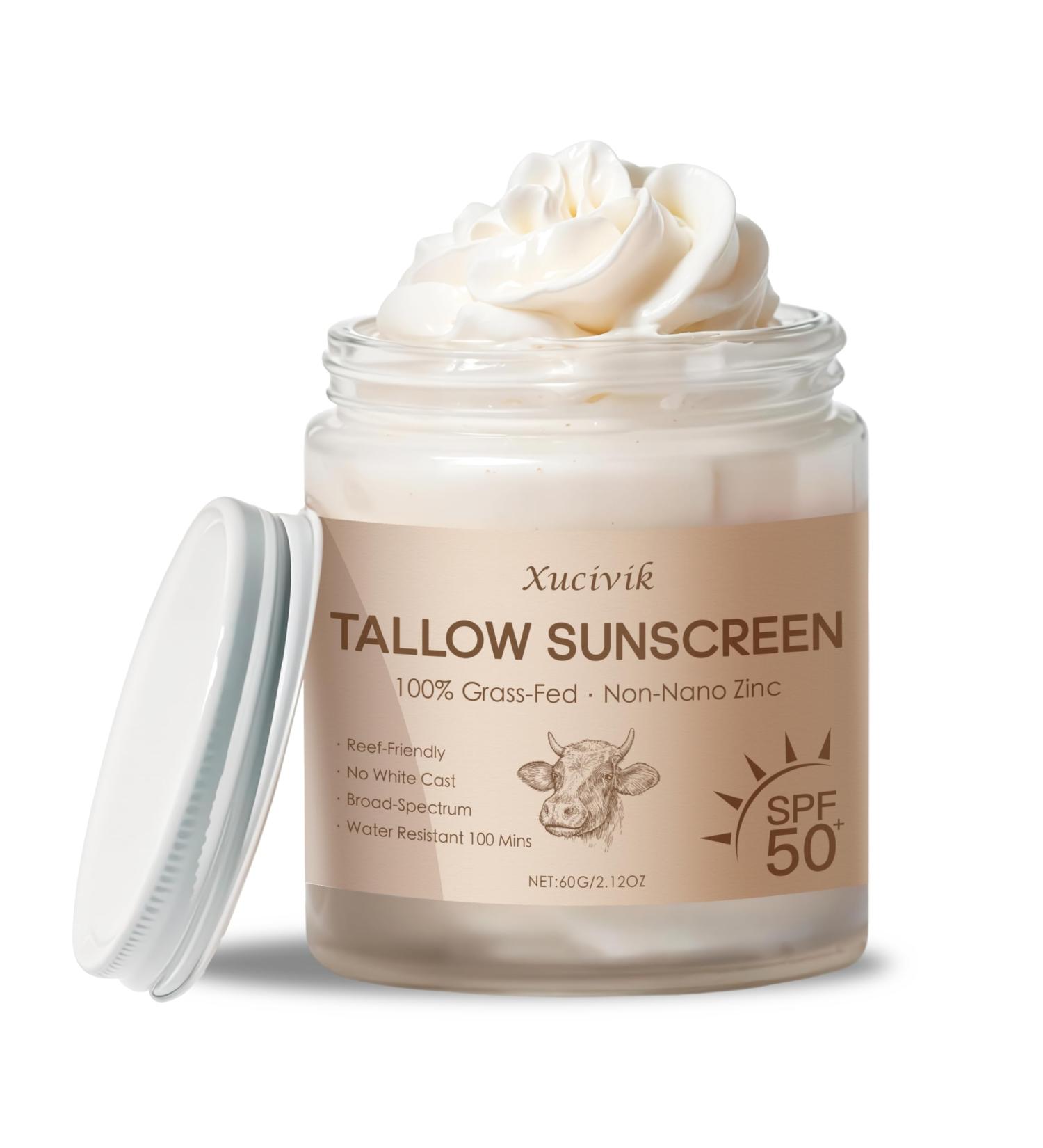 Beef Tallow Sunscreen SPF 50 100% Grass Fed Tallow and Non Nano Zinc Oxide Mineral Sunscreen for Face and Body Broad Spectrum UVA UVB Protection Reef Safe Water Resistant No White Cast Non Greasy 2oz