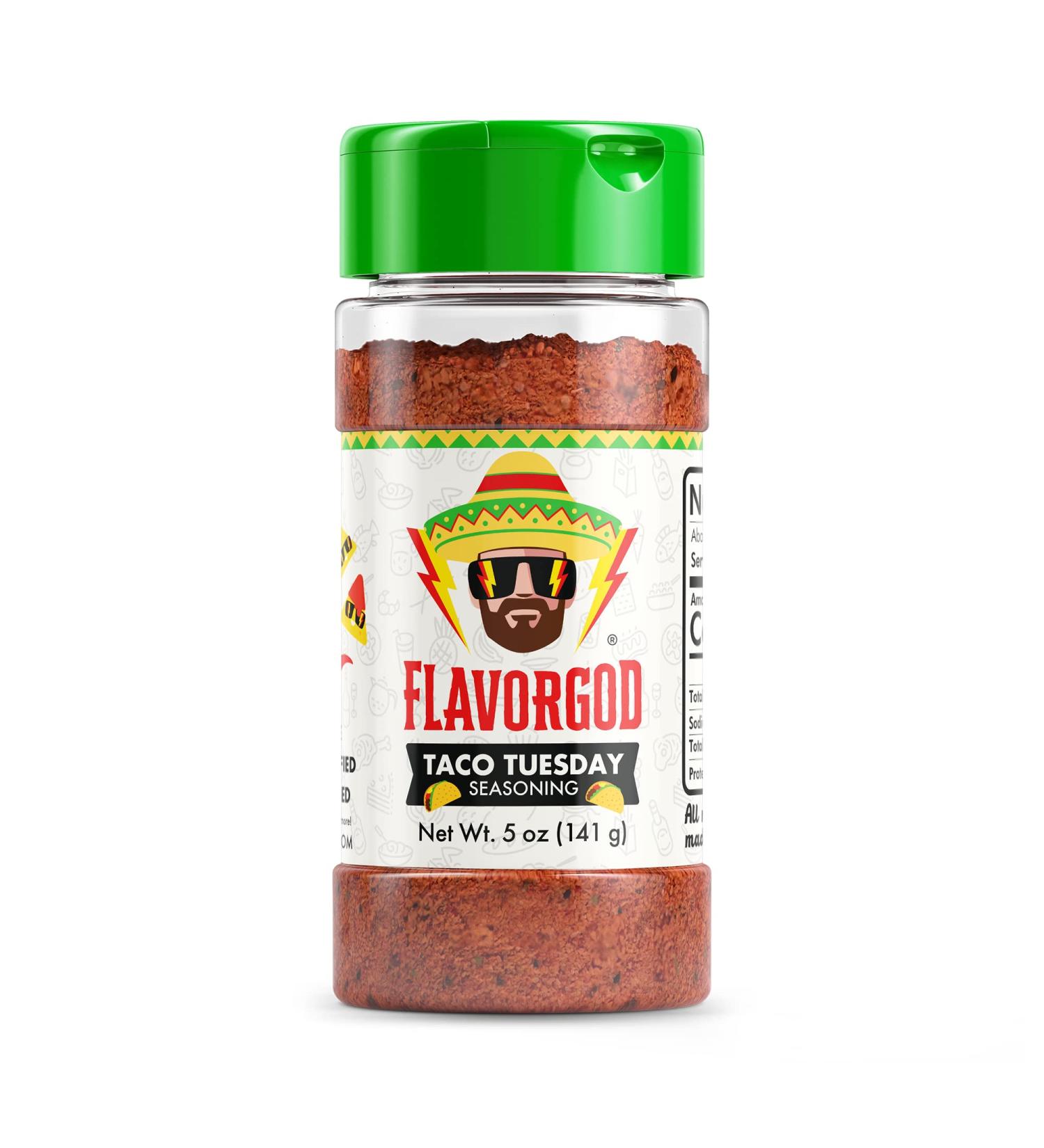 FlavorGod Taco Tuesday Seasoning - Zero Calories, Low Sodium, Carbs & Sugar - Gluten Free, No MSG, Paleo, Vegan, Dairy Free, Keto, Kosher - 5oz (1 Pack) - Buy Online on GoSupps.com