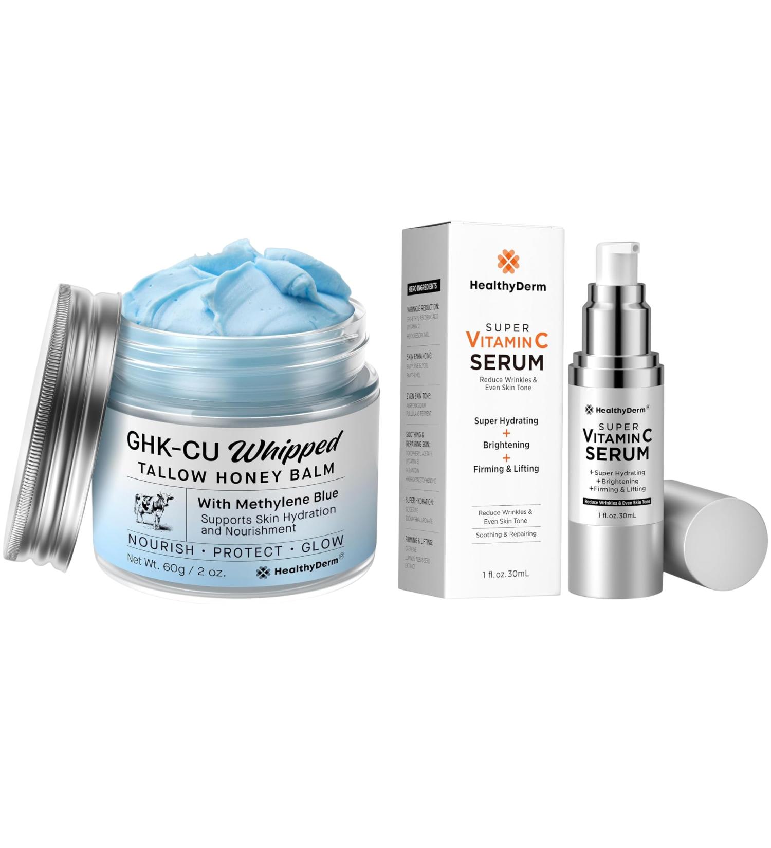 HealthyDerm Copper Peptides Blue Balm Tallow Moisturizer (2 oz) + Super Vitamin C Serum (1 oz) Even-Looking Comfortable Skin Routine For Dry/Mature/Sensitive Skin - Buy Online on GoSupps.com