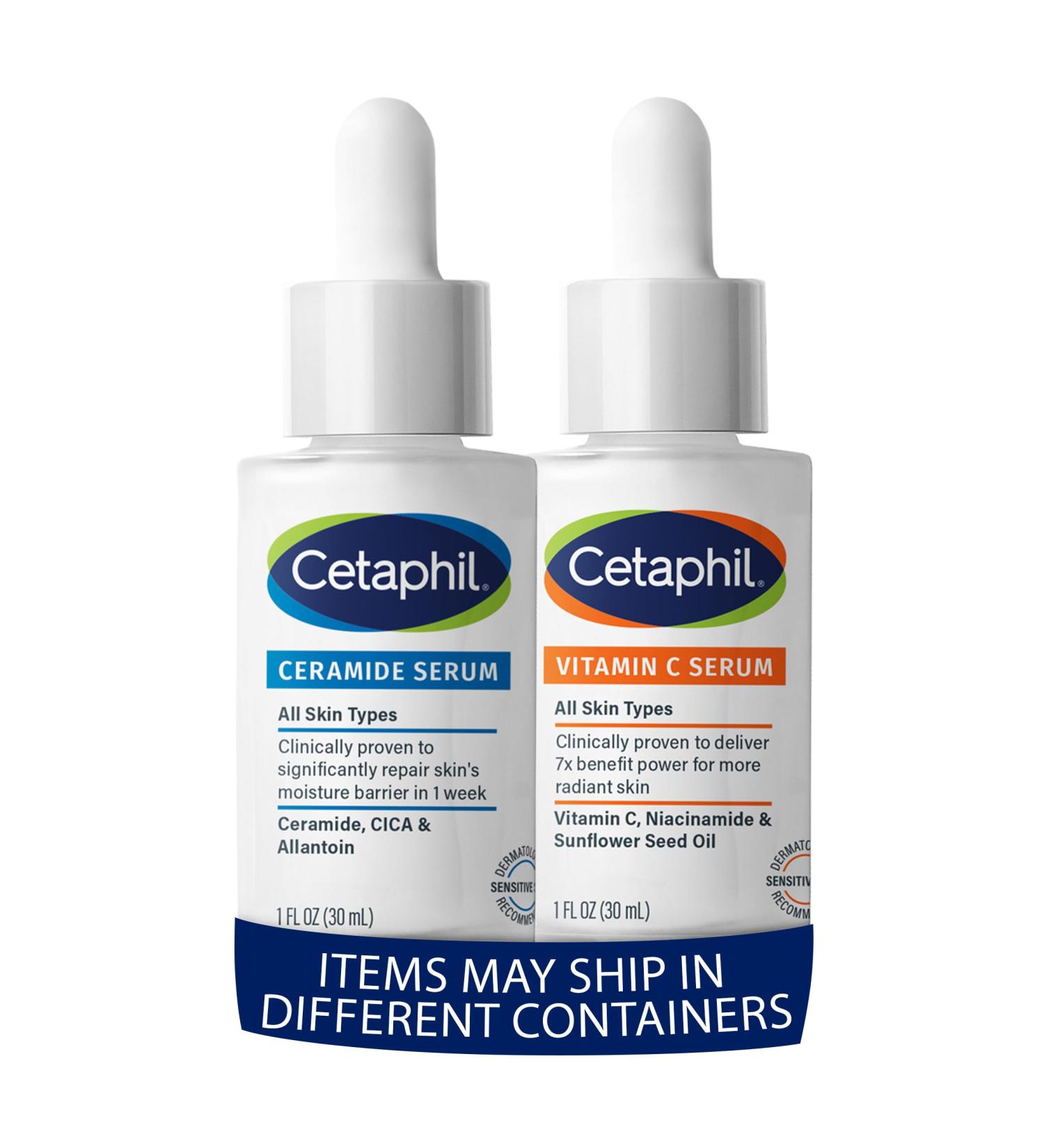 Cetaphil Vitamin C Serum Reduces Look of Dark Spots Fragrance Free 1oz + Ceramide Serum Hydrates and Restores Skin Barrier Designed for Sensitive Skin 1oz Bundle
