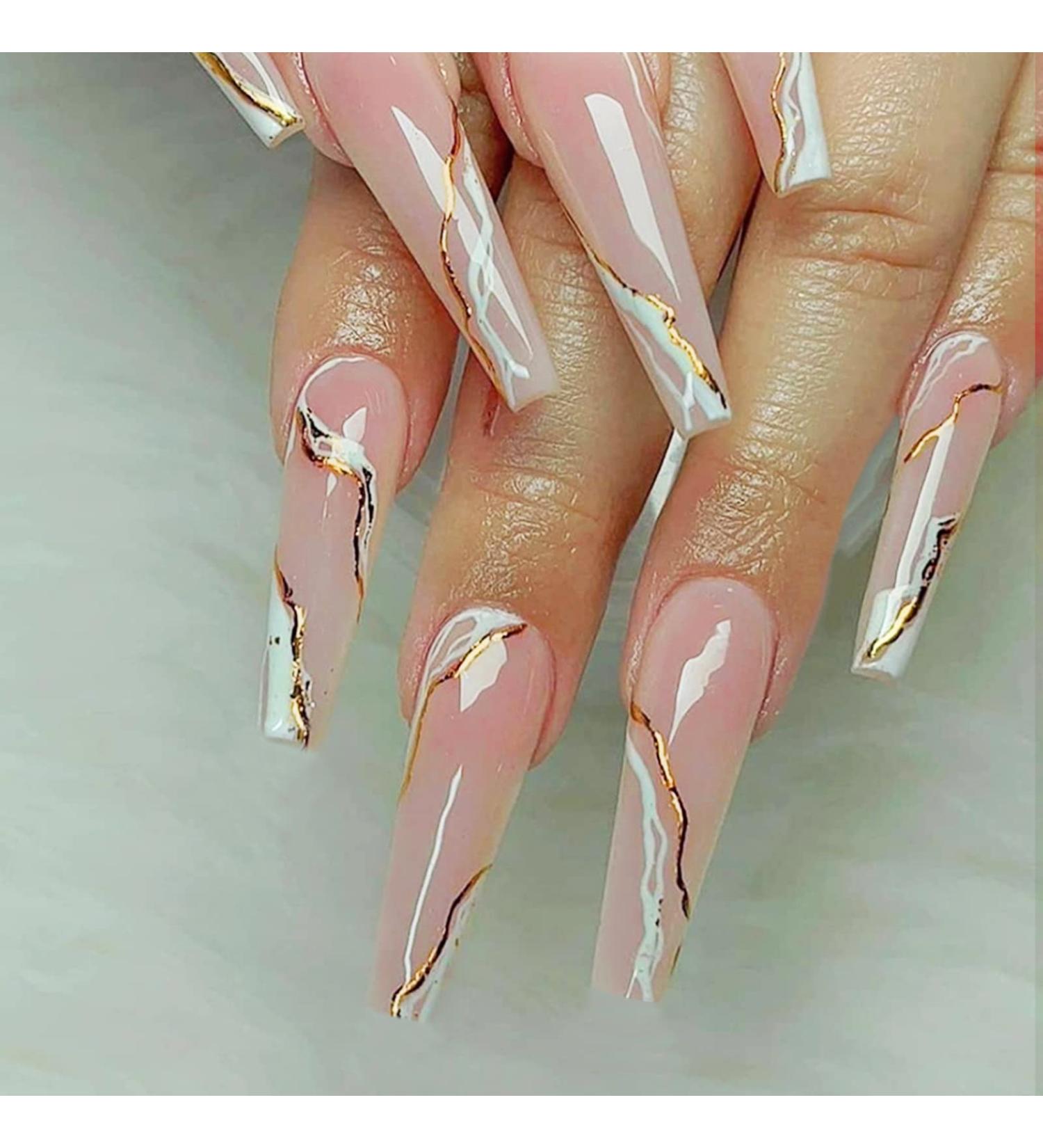 Long Coffin Fake Nails - Nude with Golden Fissure Design - Glossy Stick-On Nails for Women - Buy Online on GoSupps.com