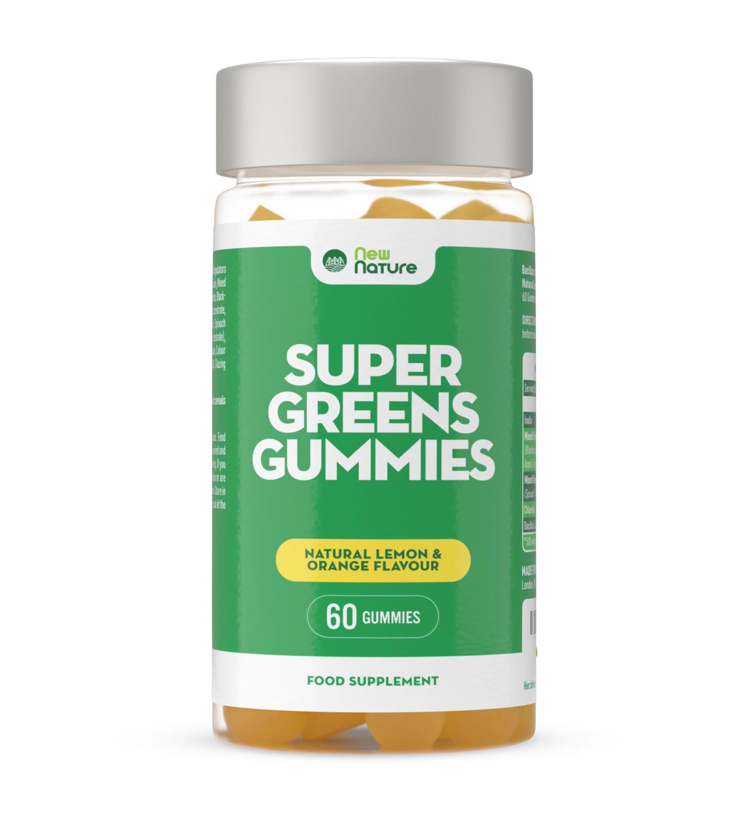 New Nature Super Greens Gummies Supplement with Fruit & Vegetable Powders Chlorella & Bacillus Coagulans 60 Gummies with Lemon & Orange Flavor Without Gelatin - Buy Online on GoSupps.com