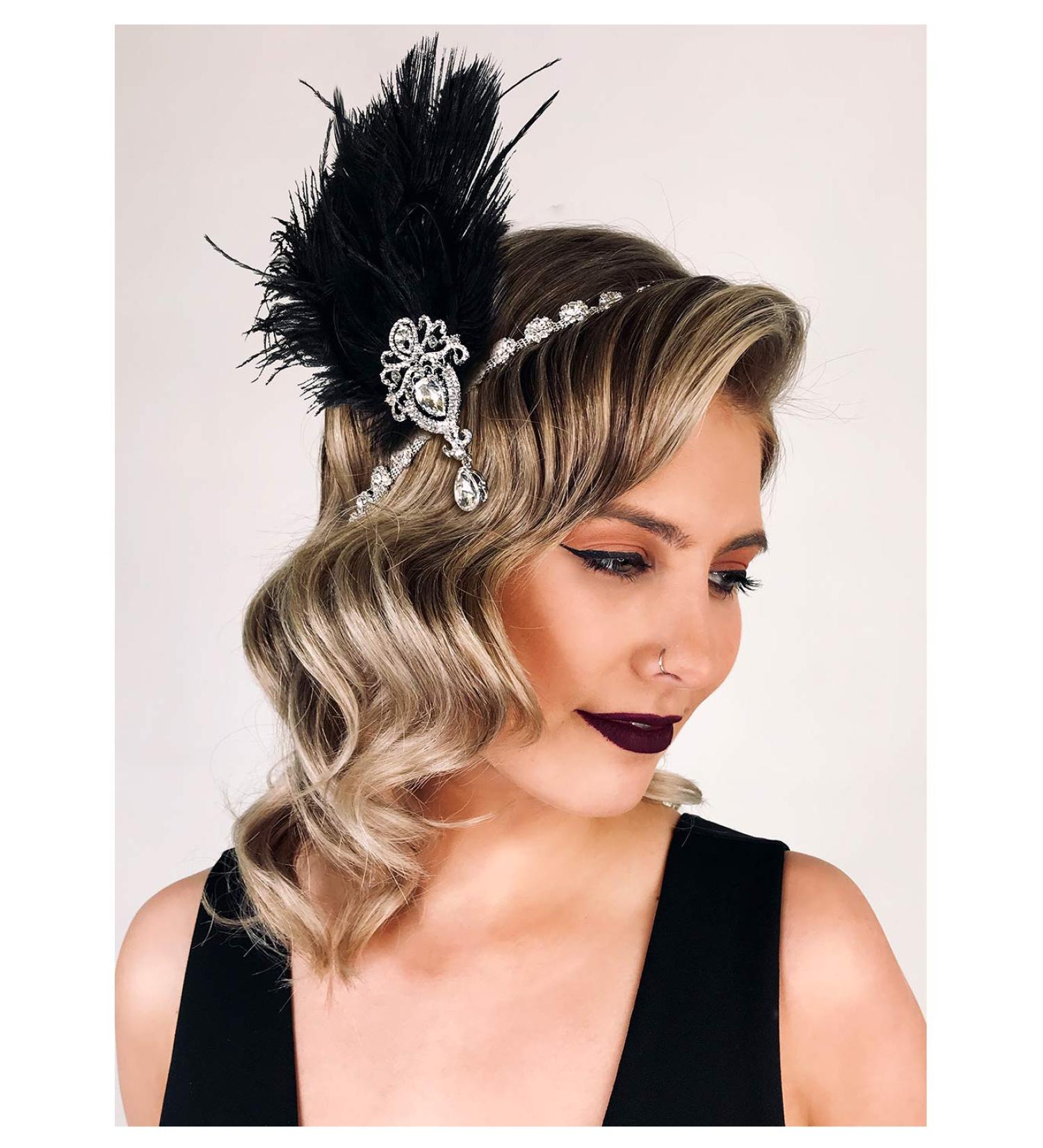 SWEETV 1920s Black Feather Headpiece with Ostrich Feathers and Crystals | Great Gatsby Hair Accessories for Women - Buy Online on GoSupps.com