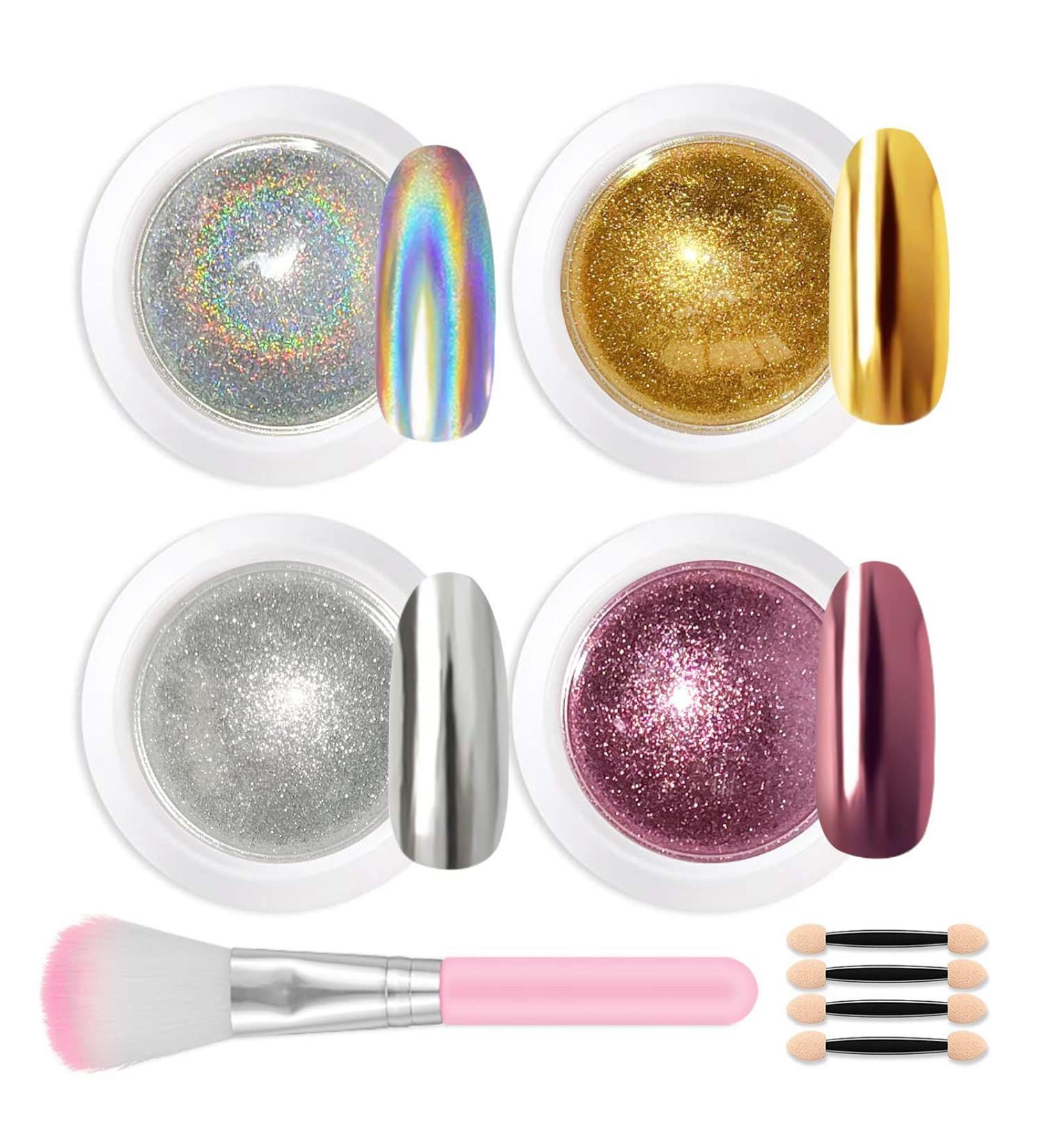 Lofuanna Chrome Nail Powder Set - 4 Colors Mirror Effect Holographic Glitter for Nail Art with 4pcs Eyeshadow Sticks and Dust Brush - 0.5g/Jar - Buy Online on GoSupps.com