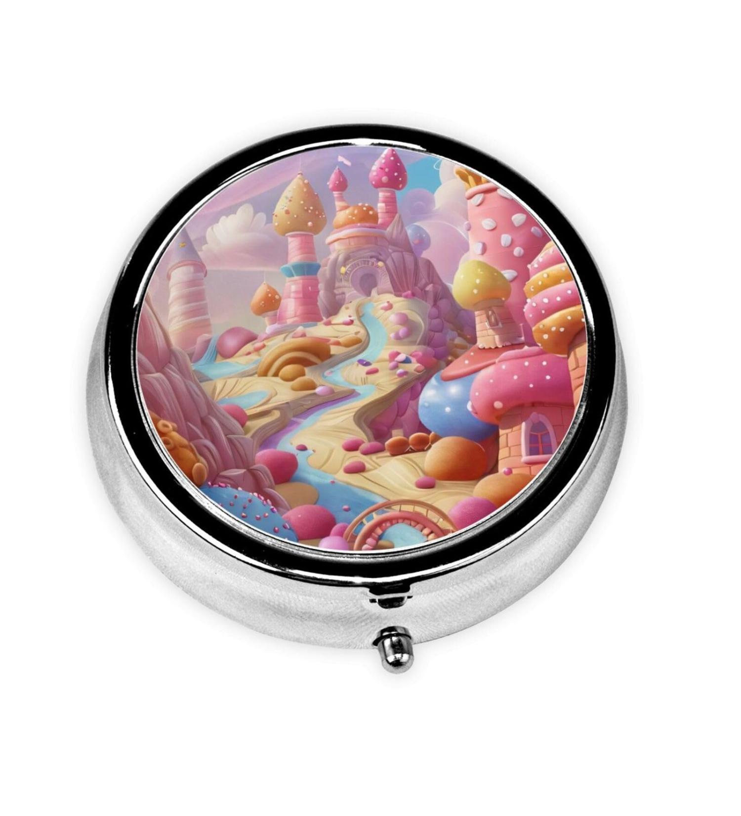 Cartoon Candy Castle Portable Metal Pill Box | Round Mini 3-Compartment | Travel-Friendly Small Pills Organizer - Buy Online on GoSupps.com