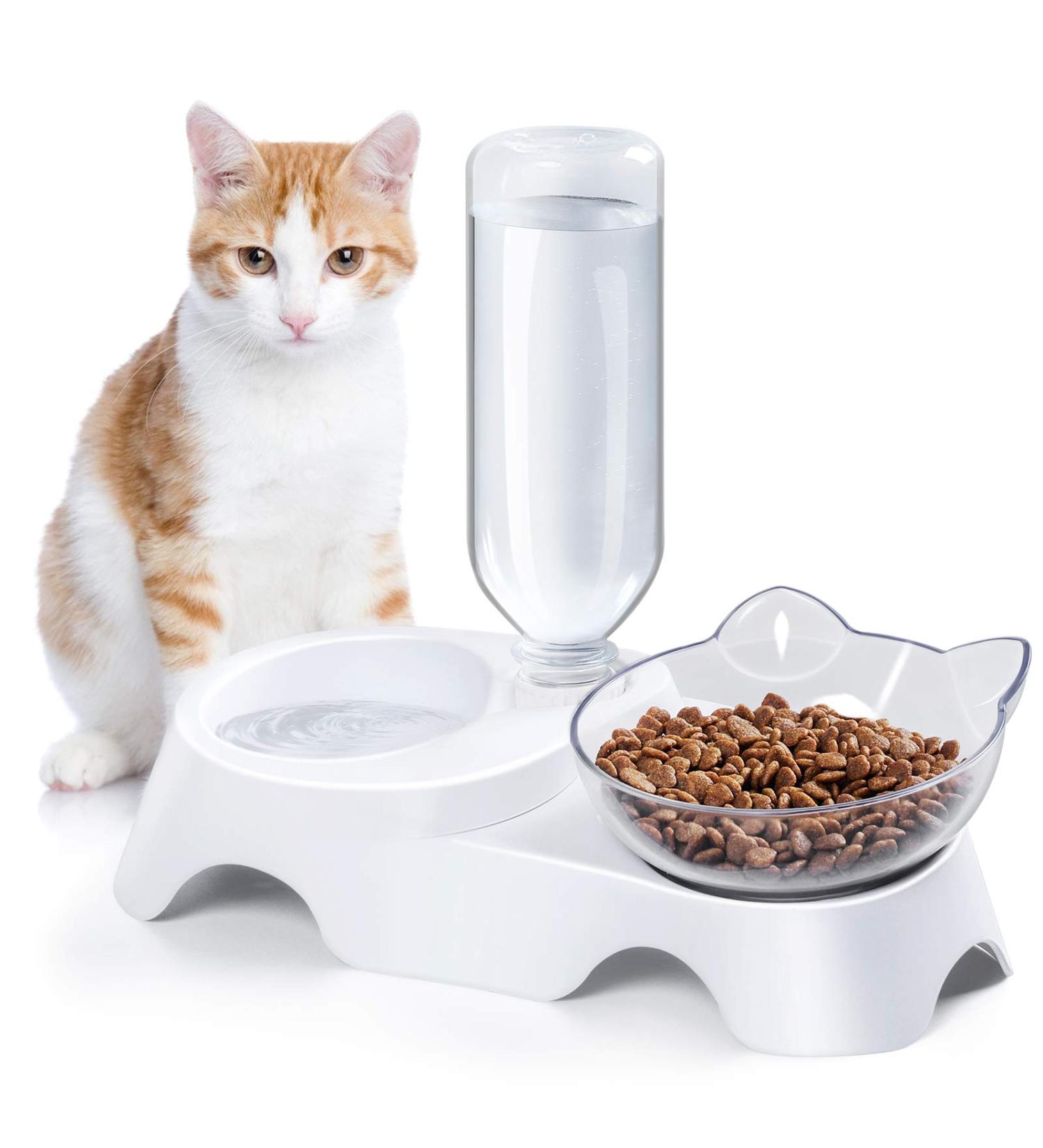 MILIFUN Double Dog Cat Bowls - Tilted Water Food Bowl Set with Automatic Waterer Bottle - Buy Online on GoSupps.com