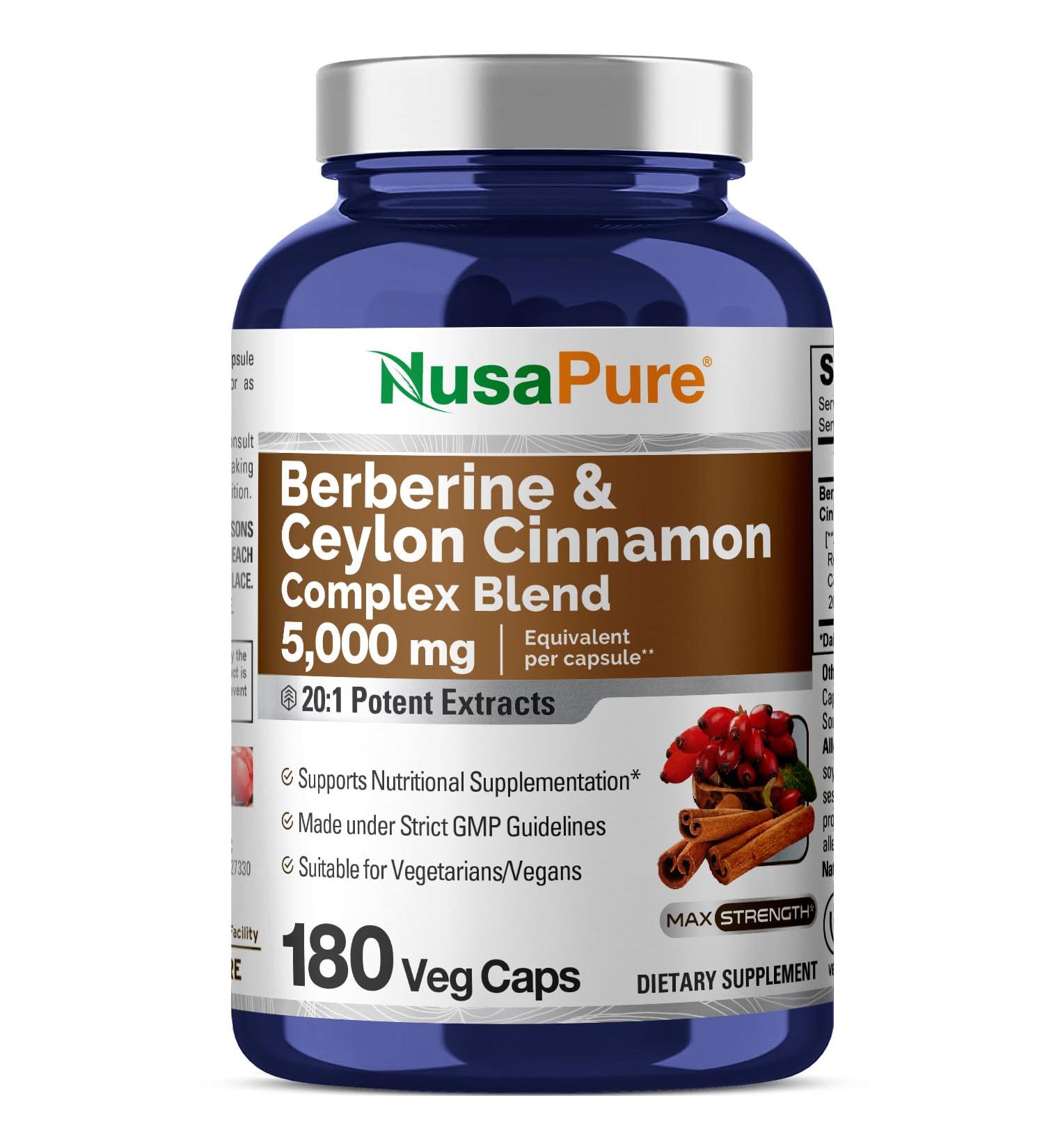 NusaPure Berberine with Ceylon Cinnamon 20:1 Extract 250 mg Equivalent to 5000mg 180 Veggie Capsules Vegetarian Non-GMO Supplement (Berberine Complex) 180 Count (Pack of 1) - Buy Online on GoSupps.com