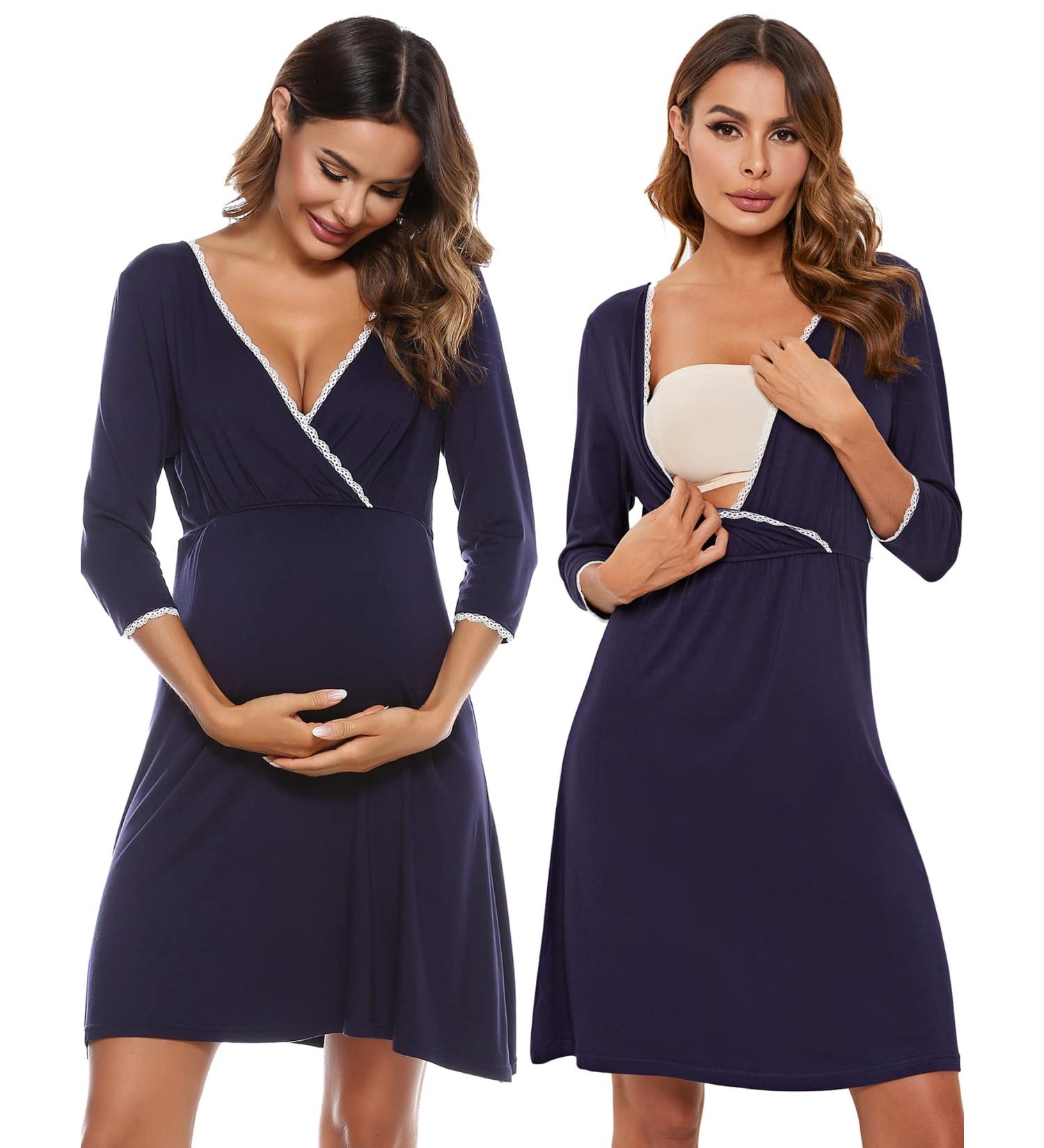 Sykooria Women's Cotton Nursing Nightdress with 3/4 Sleeves - Navy Blue S - Buy Online on GoSupps.com