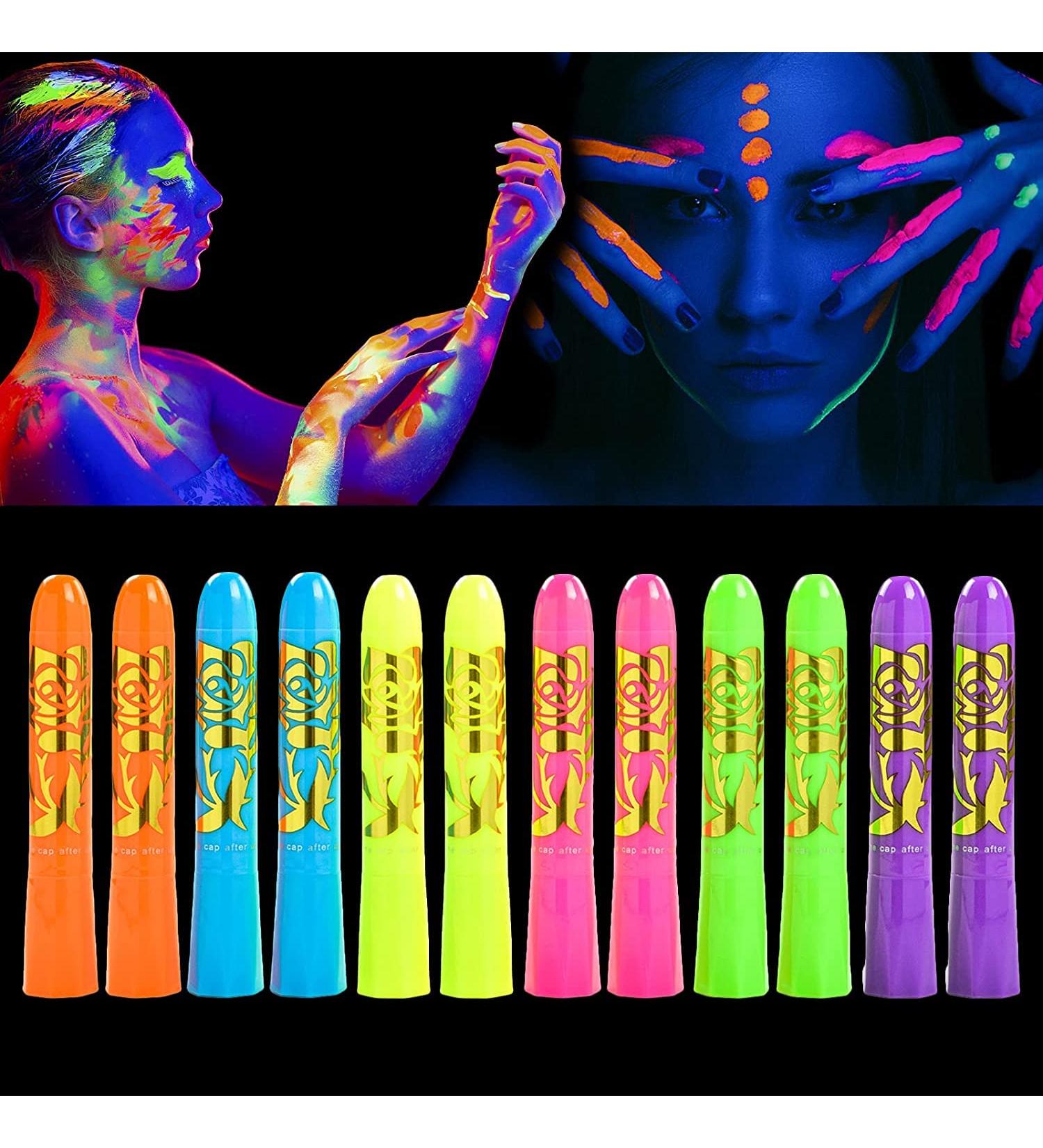 Glow in The Dark Body Face Paint Crayons - 12pcs Neon UV Fluorescent Makeup Kit for Halloween, Masquerade, Blacklight Parties - Kids & Adults - Buy Online on GoSupps.com