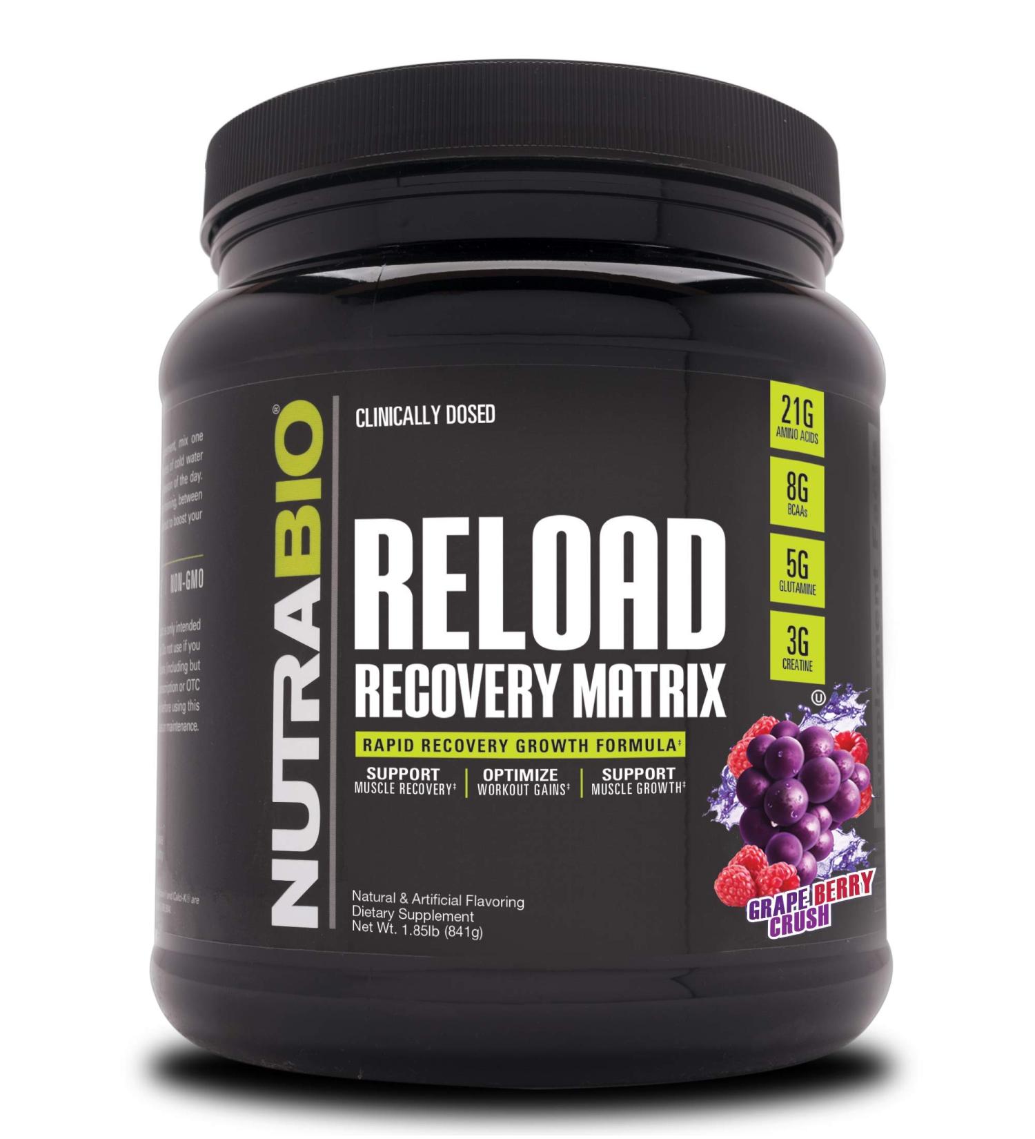 NutraBio Reload Post-Workout Supplement - Muscle Recovery Formula with Creatine, BCAAs, and Glutamine - Grape Berry Crush - 30 Servings - Buy Online on GoSupps.com