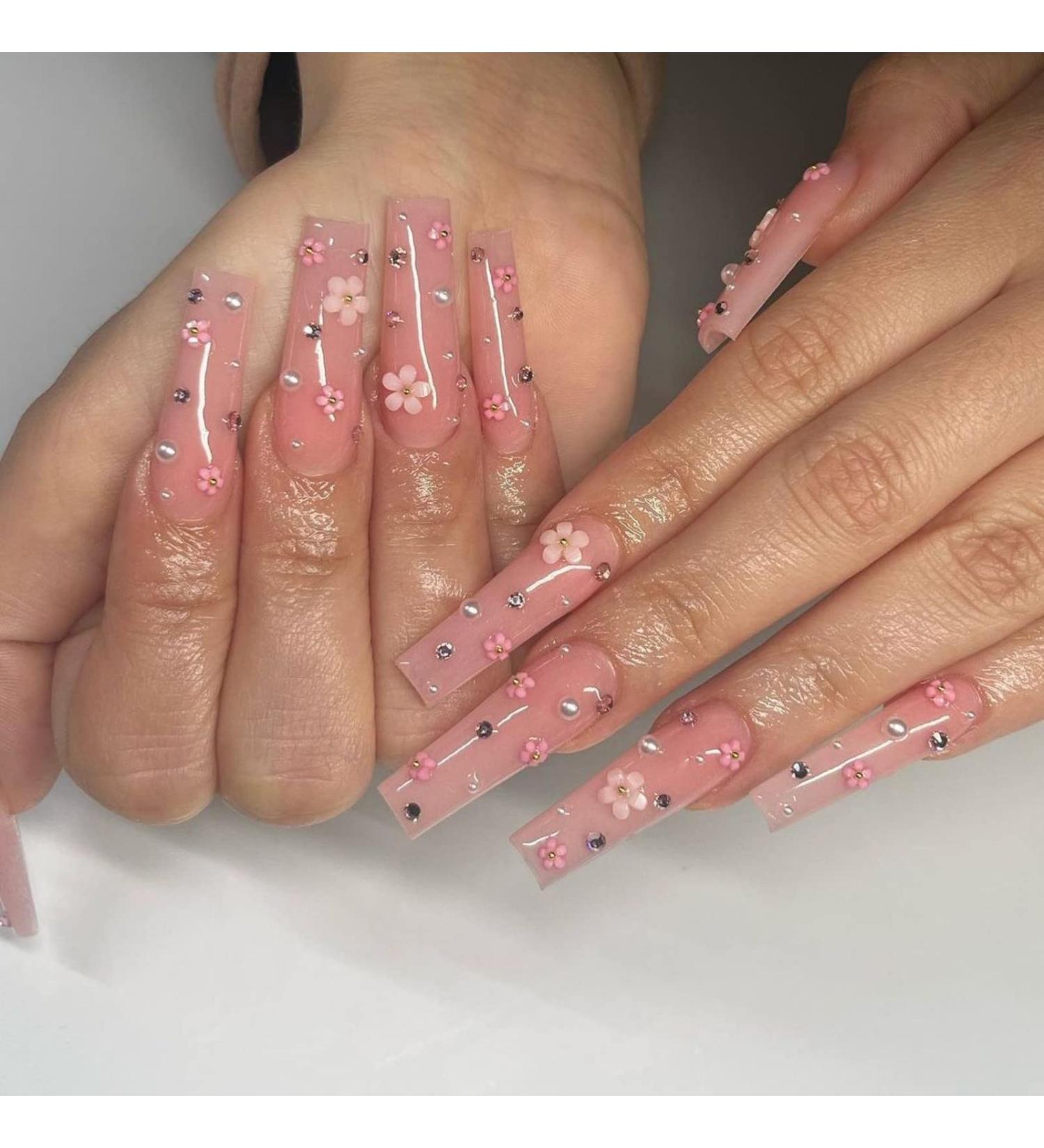 Justotry 24-Piece Floral Coffin Nails Set - Pink French Press-On Nails with Rhinestones & Pearls - Artificial Ballerina Fake Nails for Women - Buy Online on GoSupps.com
