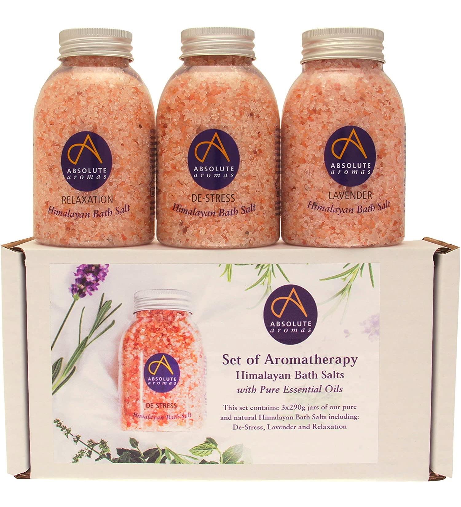 Absolute Aromas Pink Himalayan Bath Salts Set - De-Stress Lavender and Relaxation - 3 x 290g Jars with Pure Essential Oils - Buy Online on GoSupps.com