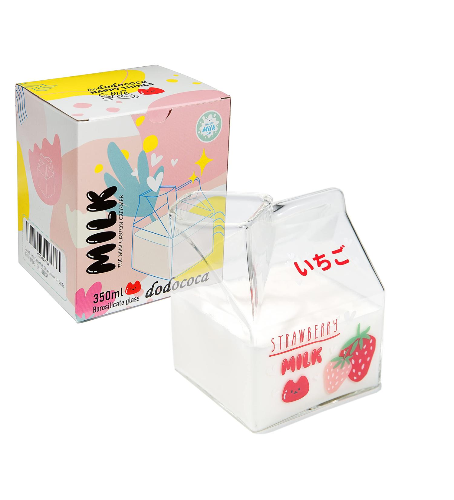 Kawaii Glass Milk Carton Cup - Cute Strawberry Milk Pitcher - Mini Creamer Container - 12 Oz - Microwavable - 1Pcs - Buy Online on GoSupps.com