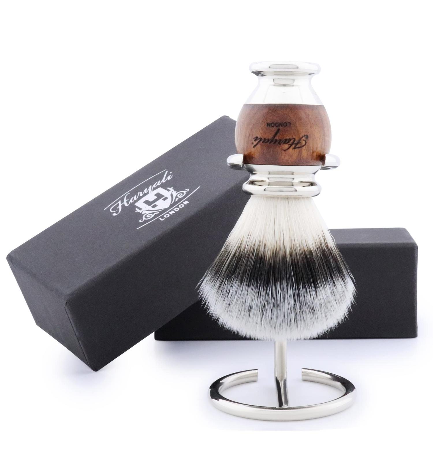 Haryali London Sustainable Shaving Brush Set | Synthetic Silver Tip Brush Stainless Steel Rack & Wood Handle | Eco-Friendly Razor for Men & Women - Buy Online on GoSupps.com