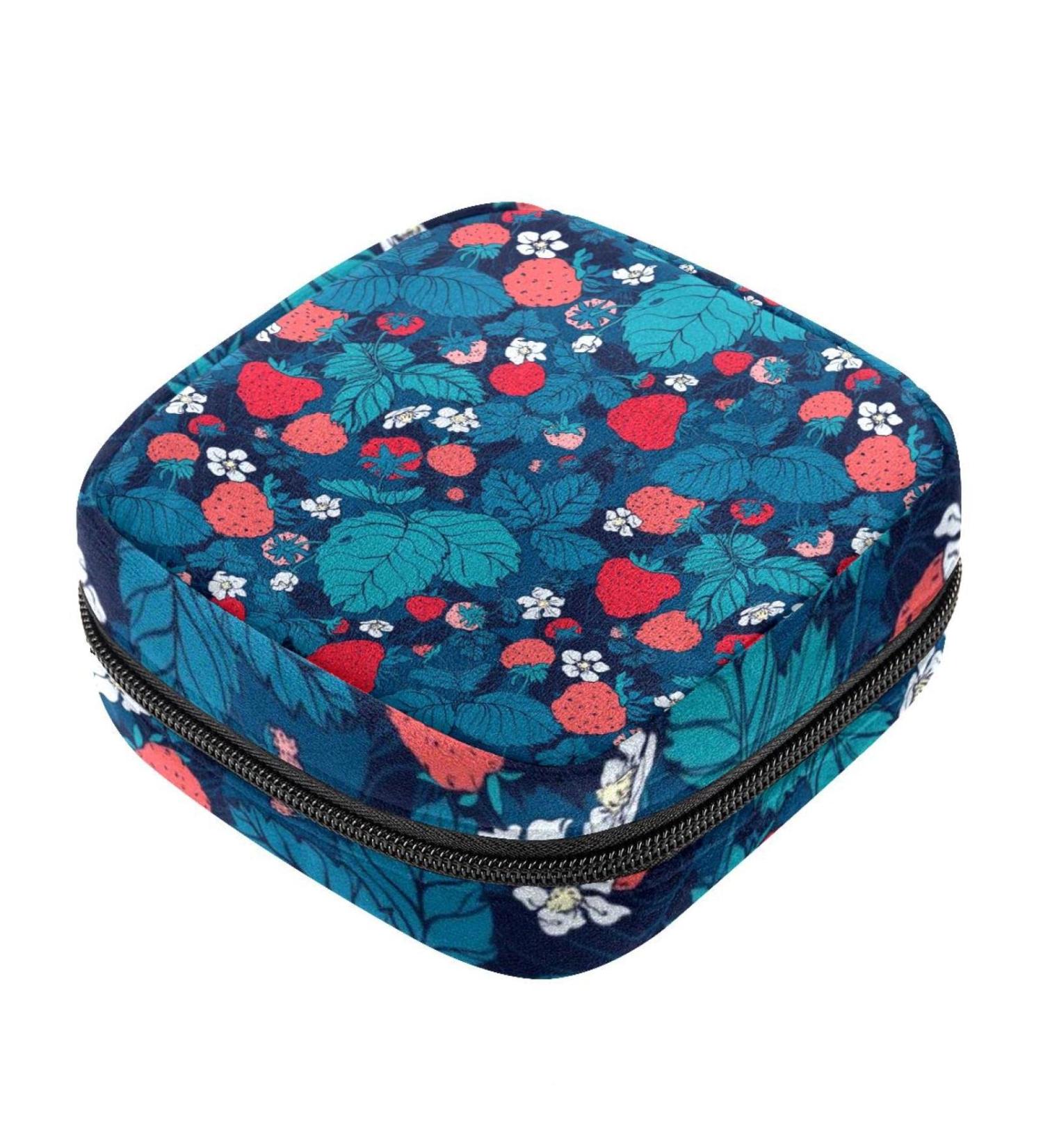 Menstrual Pad Bag with Zipper - Stylish Ladies Napkin & Tampons Collection Pouch (Strawberry Leaves) - Buy Now for International Shipping - Buy Online on GoSupps.com