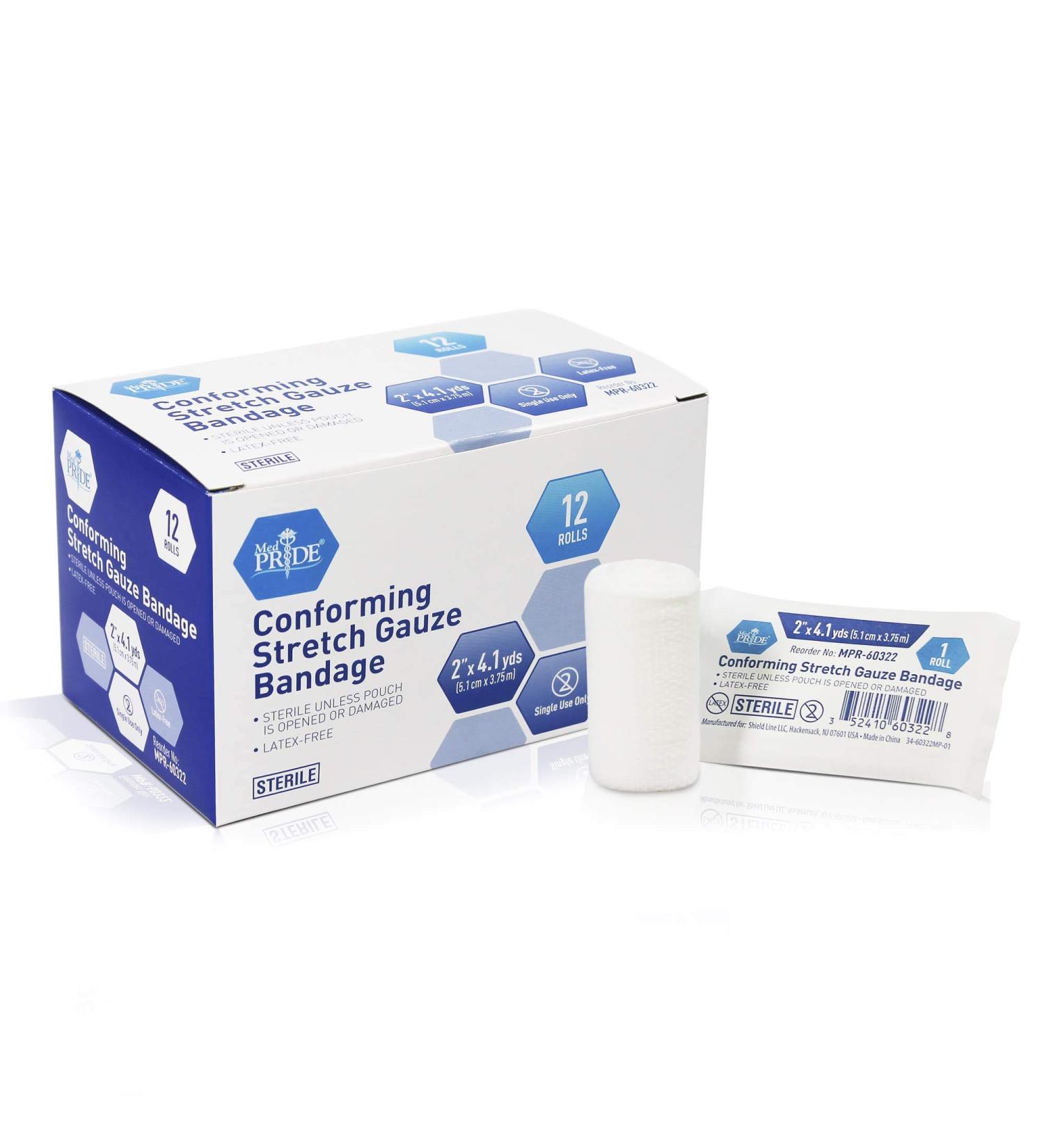 Medpride Conforming Stretch Gauze Bandages 2 x 4.1 Yards - Pack of 12 | Latex-Free Sterile First Aid Pads for Wound Care - Buy Online on GoSupps.com