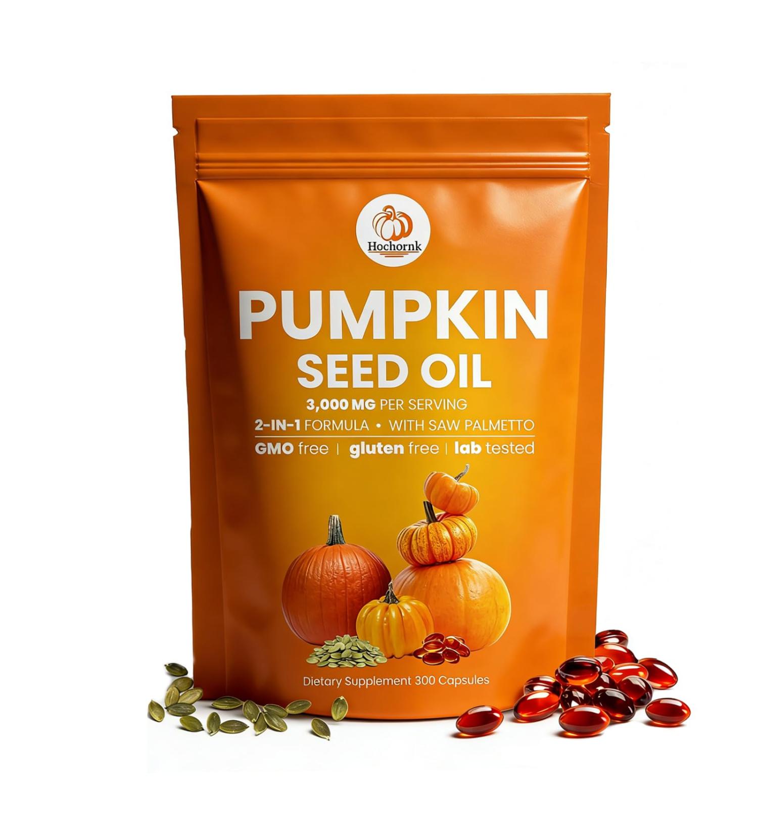 Hochornk Pumpkin Seed Oil Capsules 2 in 1 Pumpkin Seed Oil for Hair Growth with Saw Palmetto Promotes Scalp Heart Healthy Youthful Skin-300 Softgels - Buy Online on GoSupps.com
