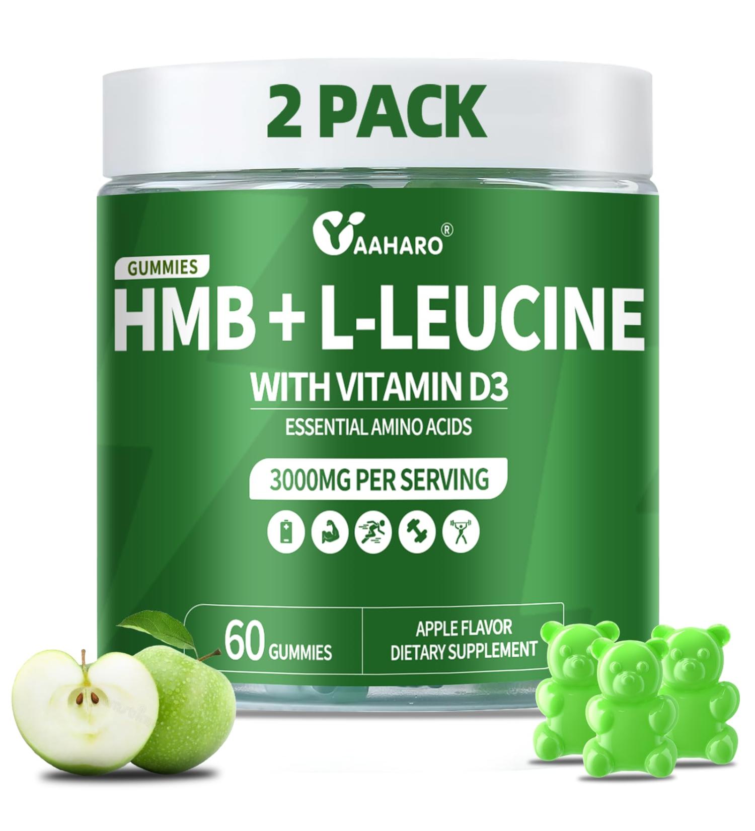 2 Pack HMB and L-Leucine Gummies - 3000mg HMB and Leucine Amino Acid with Vitamin D3 for Muscle and Energy Support HMB Supplements for Men and Women Sugar-Free Vegan Apple Flavor 120 Gummies - Buy Online on GoSupps.com