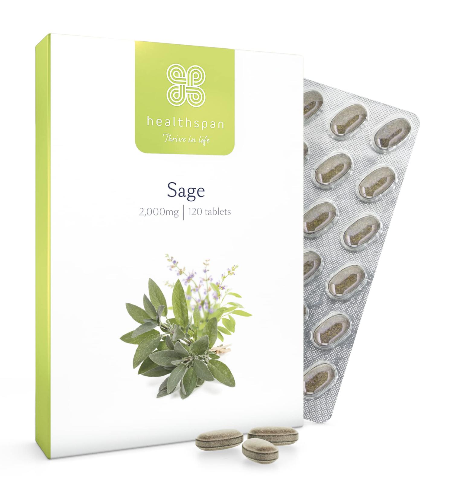 Healthspan Sage 2000mg (120 Tablets) for Menopause Relief | Women's Health Supplement with Natural Sage Extract | Vegan-Friendly - Buy Online on GoSupps.com