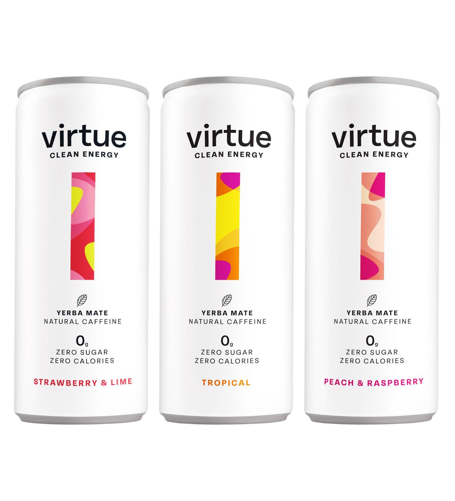 Virtue Clean Energy Mixed Pack - 12 x Yerba Mate Natural Energy Drinks - Sugar Free Zero Calories Vegan (12 x 250ml) Strawberry & Lime Tropical Peach & Raspberry  - Buy Online on GoSupps.com