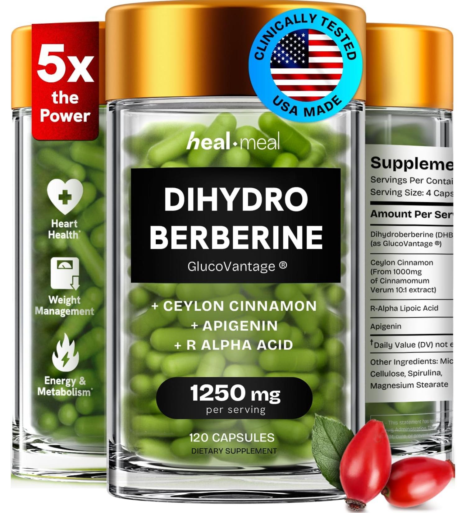 HealMeal Dihydroberberine Supplement - Dehydro Berberine Organic - Super Berberine Supplement with Ceylon Cinnamon & R Alpha Lipoic Acid & Apigenin - Hydroberberine 120 caps (1 Pack) - Buy Online on GoSupps.com