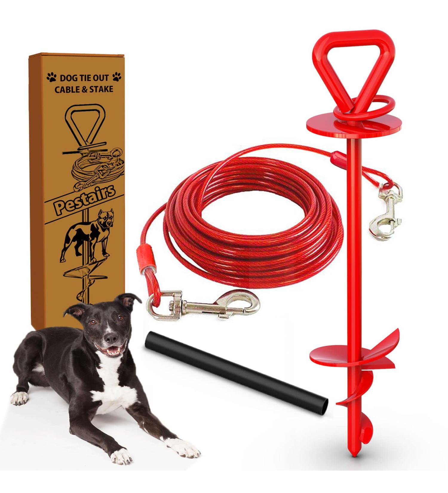 25 Ft Dog Tie Out Cable and Stake - Dog Yard Leash and Stake for Small Medium Large Dogs Up to 125 lbs - Spiral Blade Dog Yard Stake for Outside Yard Beach Lawn Red - Buy Online on GoSupps.com