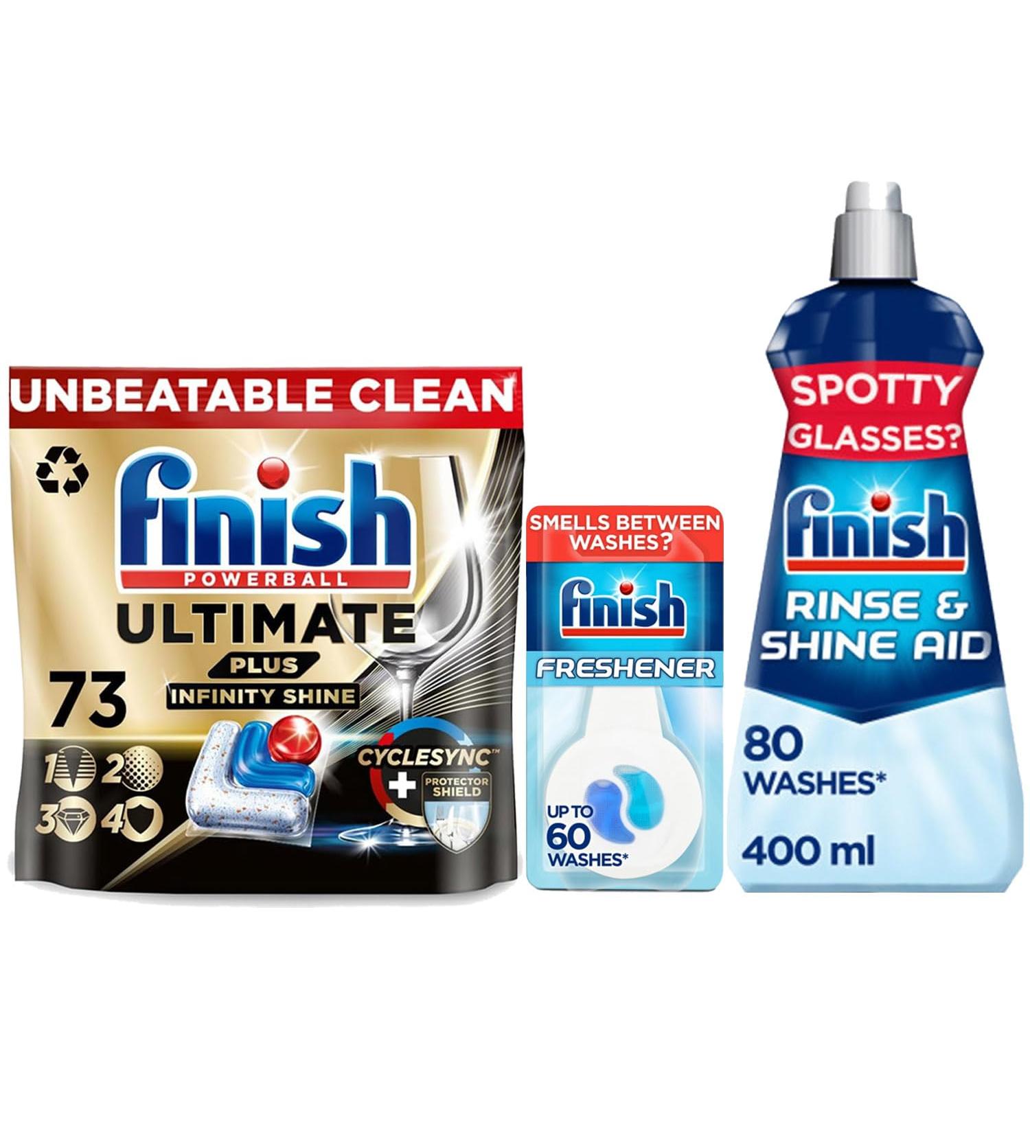 Bundle of Finish Ultimate Plus Infinity Shine Dishwasher 73 Tablets Bundle 1 Dishwasher Freshener 4ml 1 x Rinse Aid 400ml - Buy Online on GoSupps.com