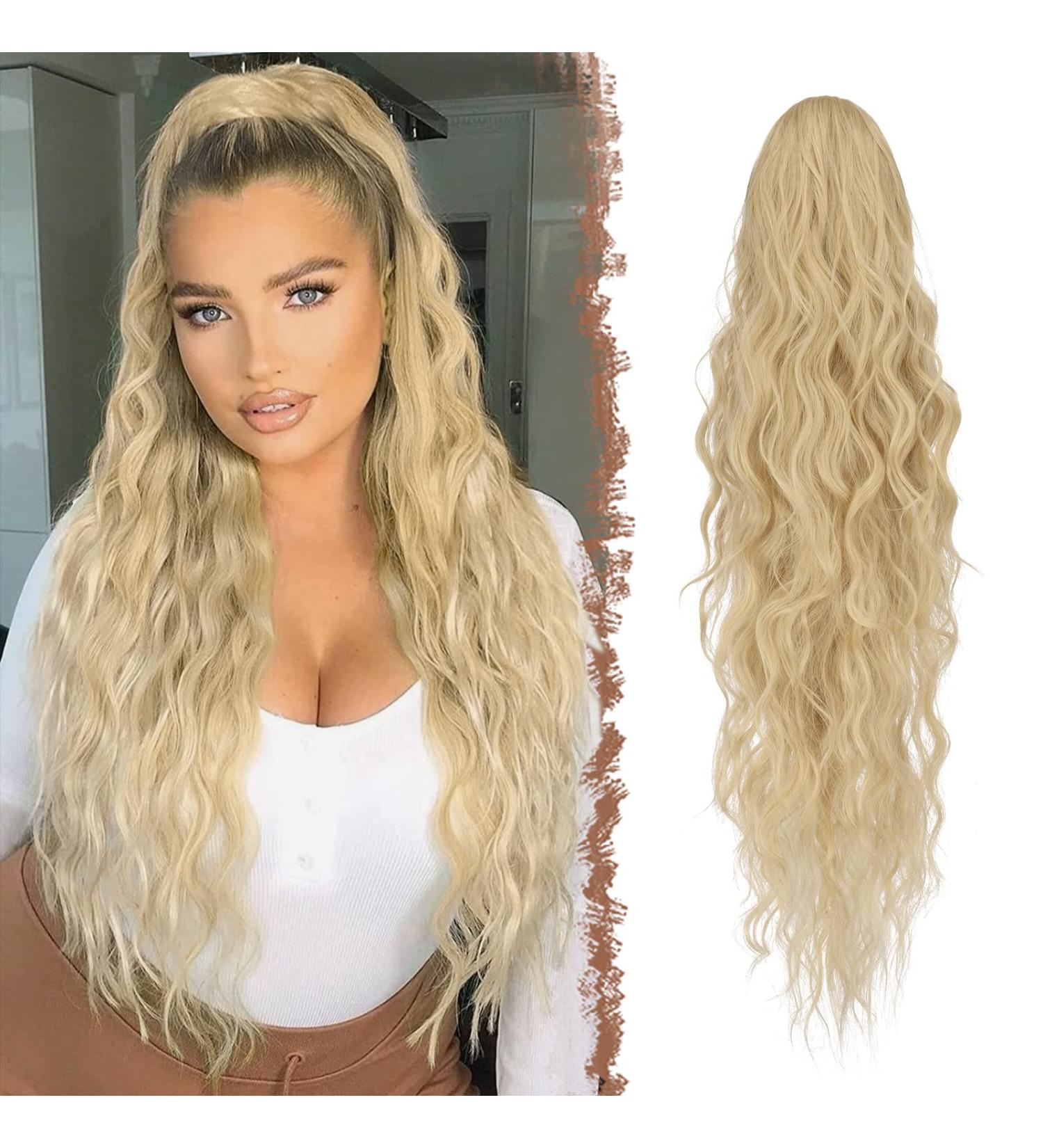 FESHFEN 26 Long Curly Wavy Drawstring Ponytail Extensions - Strawberry Blonde Mixed Bleach Blonde - Buy Online on GoSupps.com